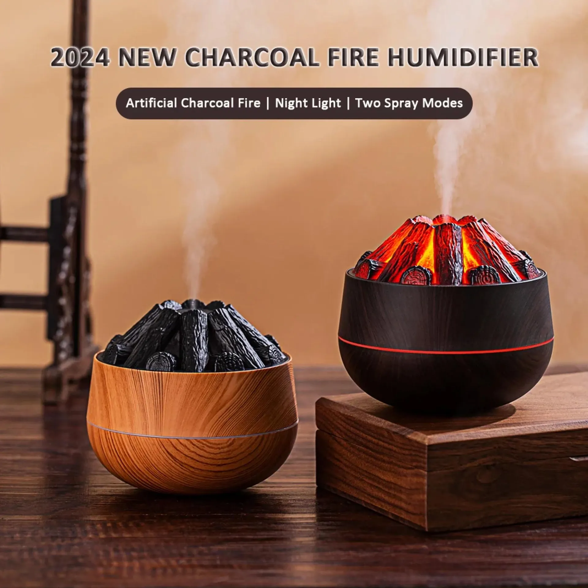 Humidificador de aire con carbón artificial, difusor de aroma, pulverizador de niebla, minidifusor con luz nocturna para el hogar, 2024 ml, nuevo, 300