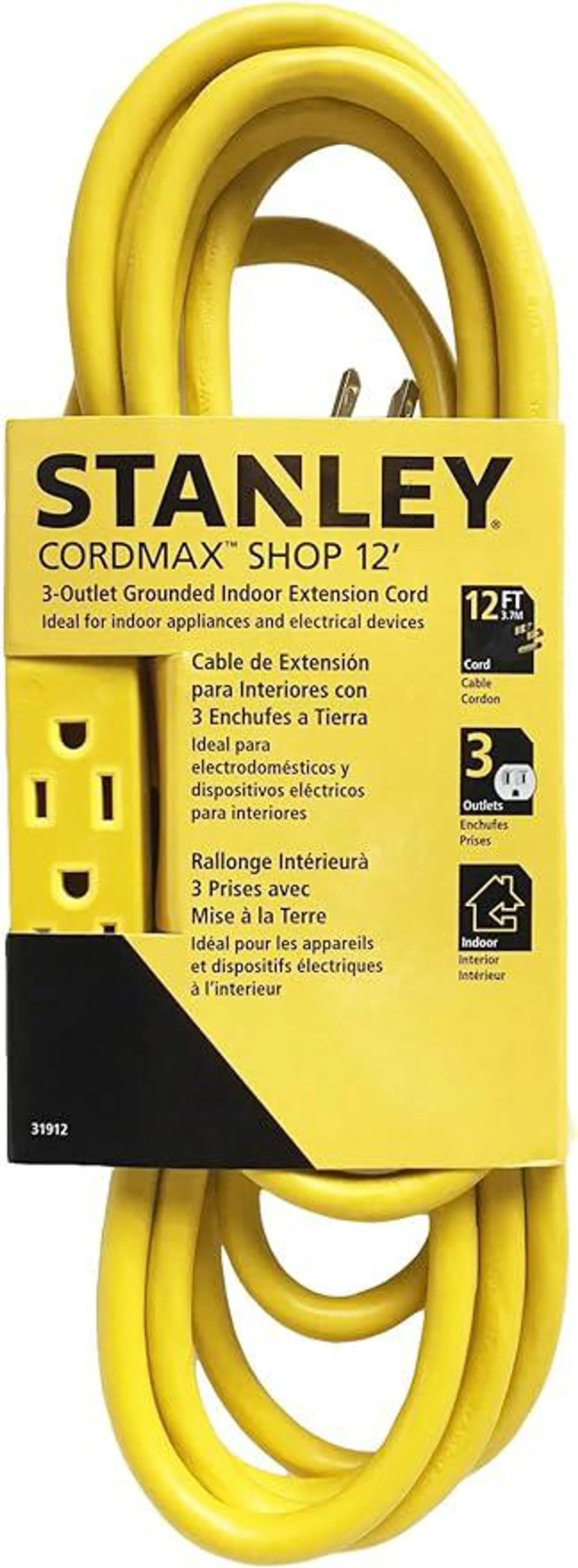 Stanley 31912 Cordmax Shop 12, 3-Oultet Grounded Extension Cord, Yellow,