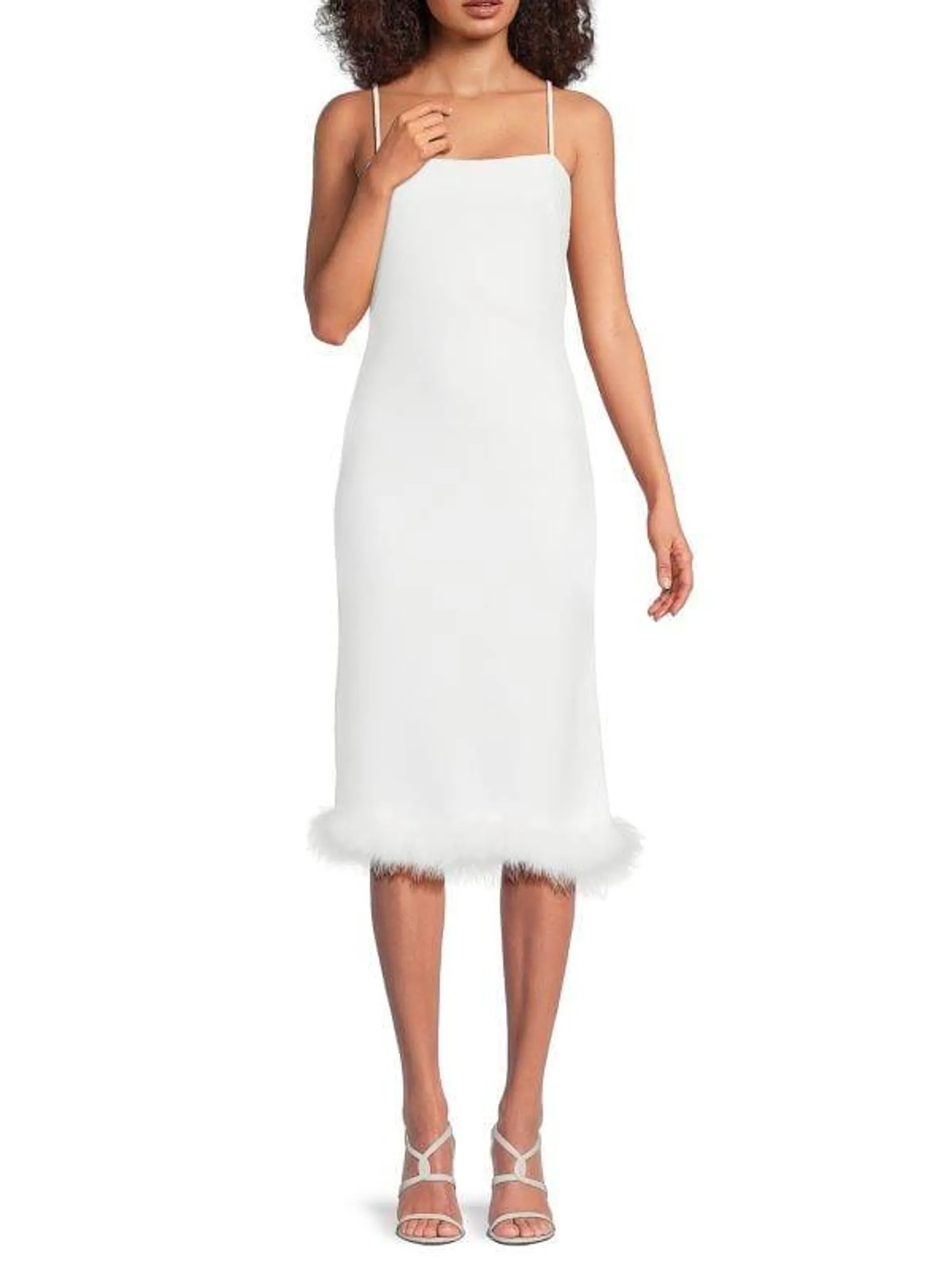 Faux Feather Trim Midi Dress