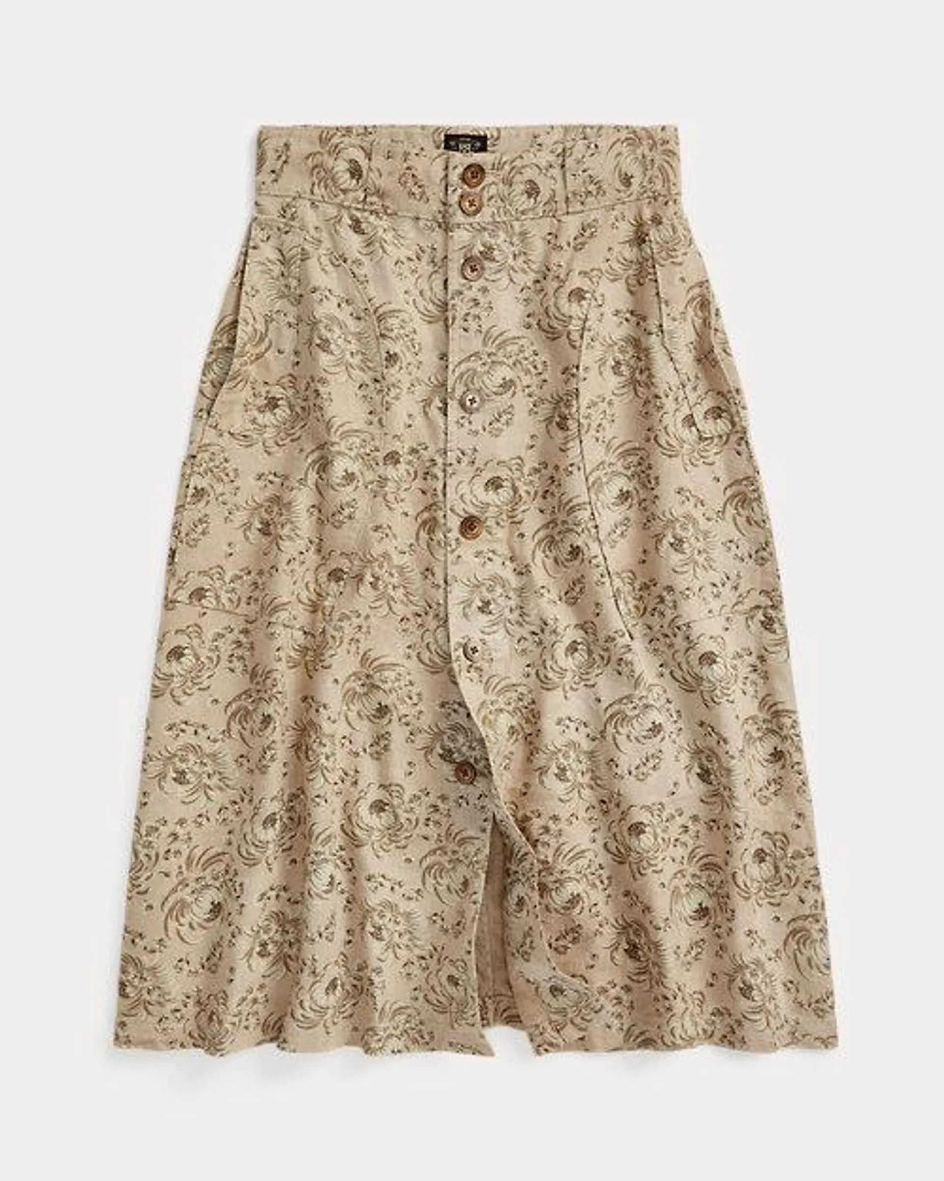 Floral-Print Seeded Linen Skirt