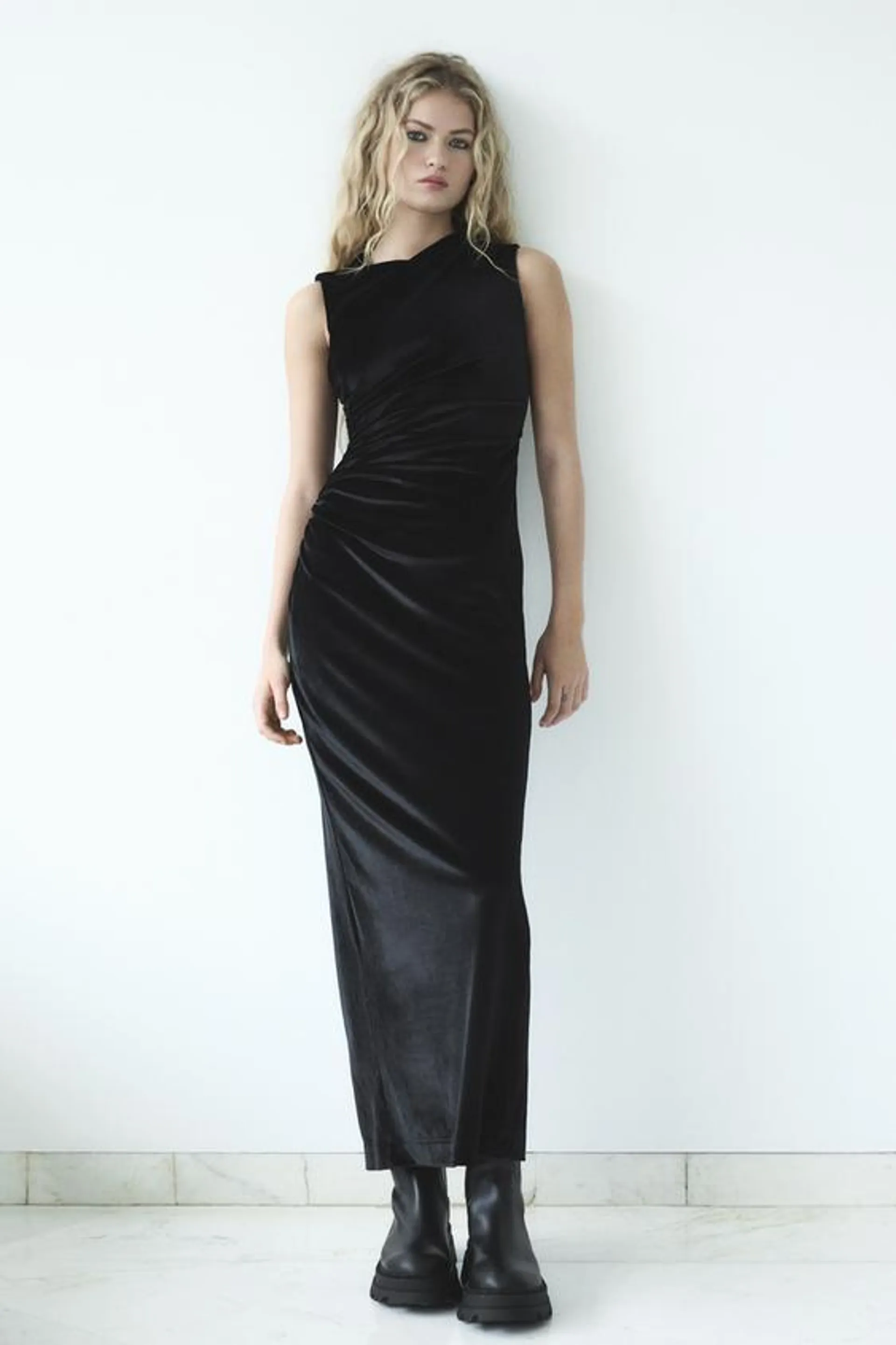 DRAPED VELVET MIDI DRESS