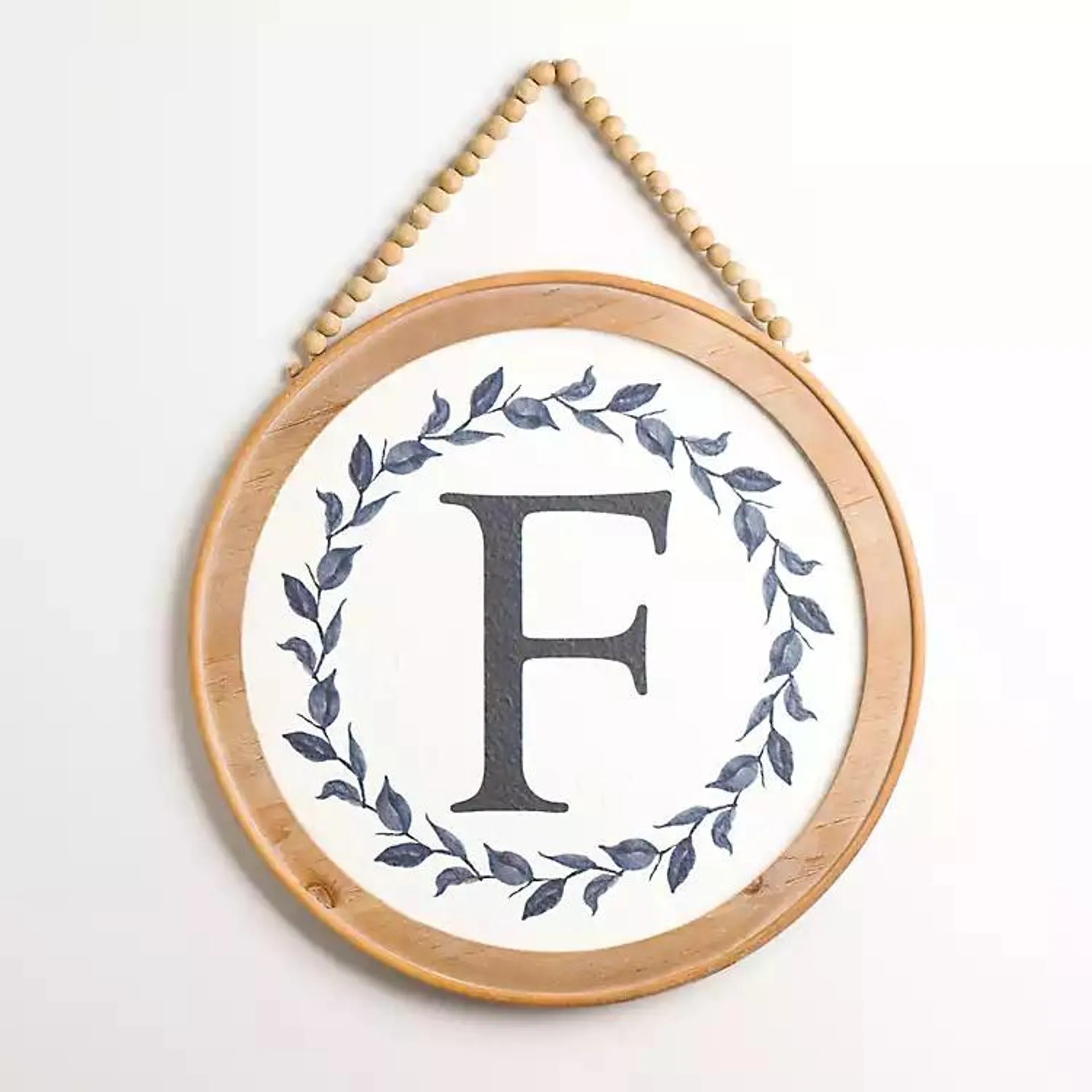 Blue Leaf Wreath Monogram F Wood Wall Plaque