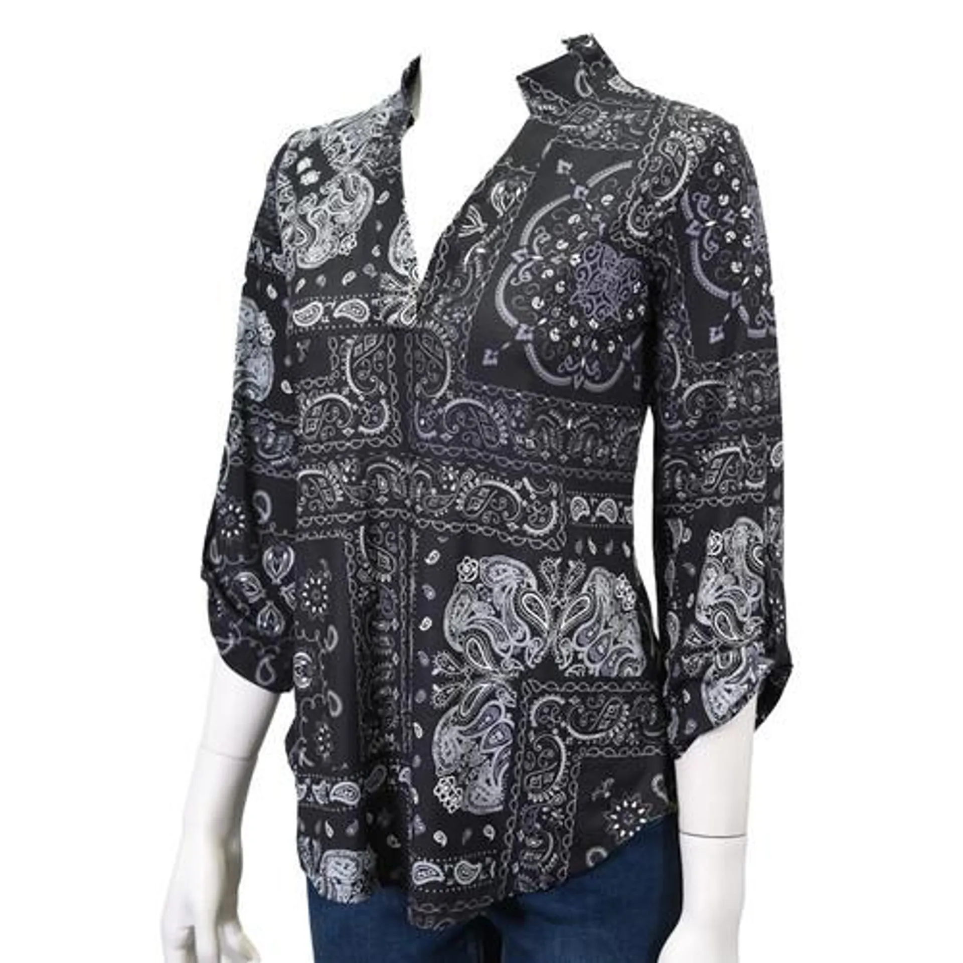 Cowgirl Hardware Women's Black and Purple Paisley 3/4 Sleeve Hi-Lo Top