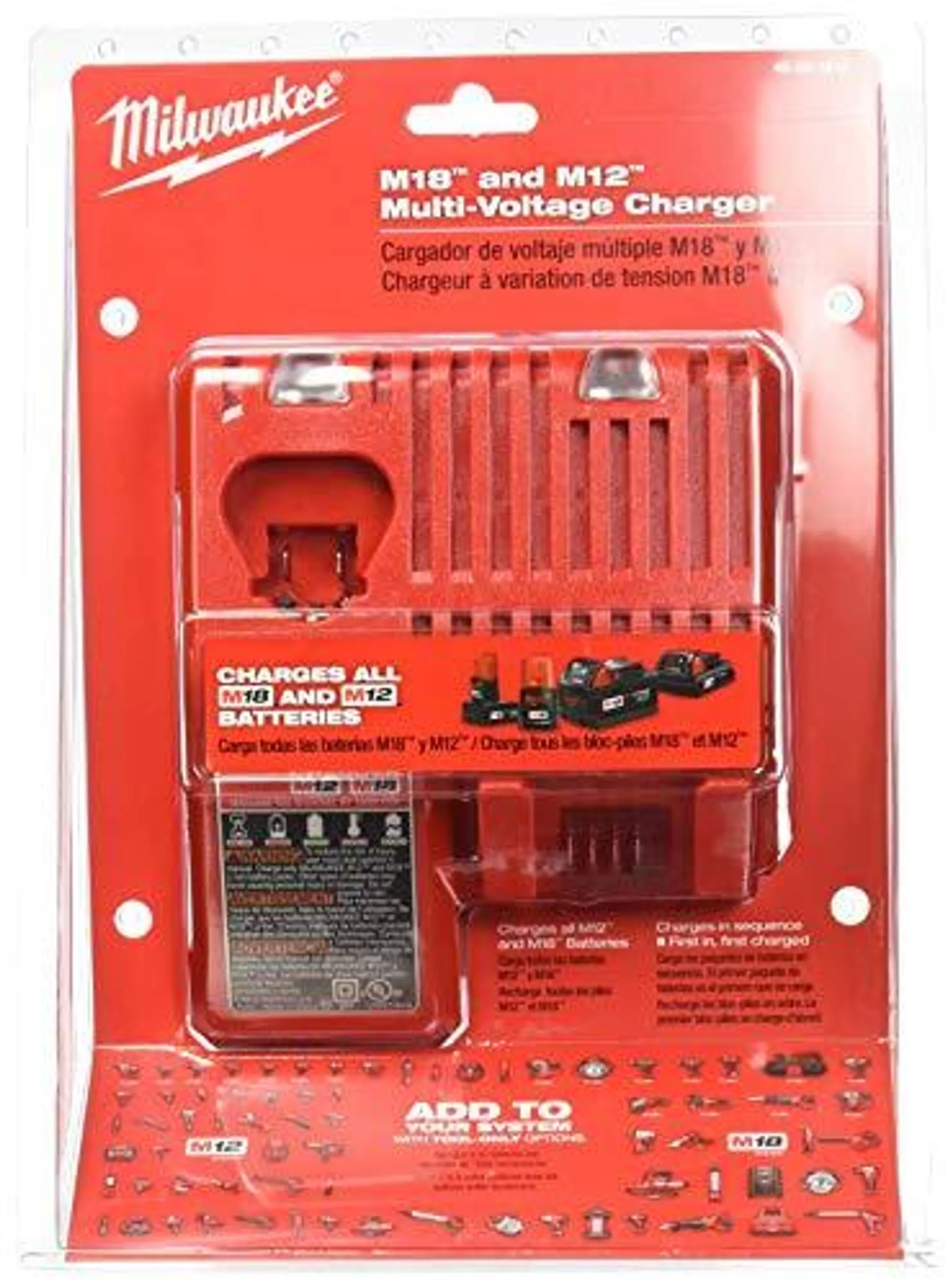 Milwaukee 48-59-1812 M12 or M18 18V and 12V Multi Voltage Lithium Ion Battery Charger w/ Onboard Fuel Gauge