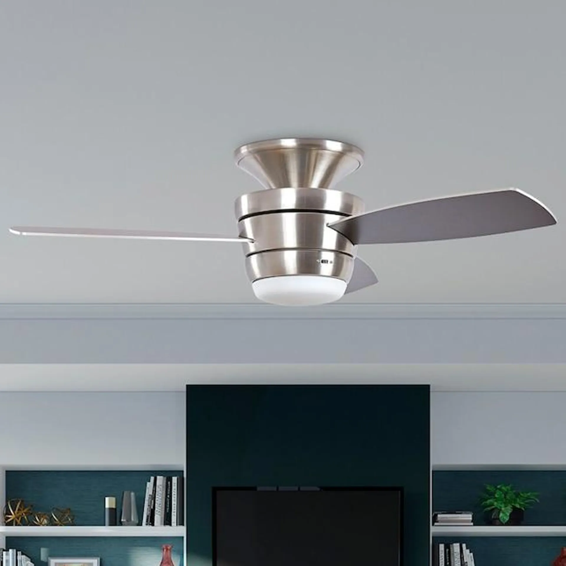 Harbor Breeze Mazon 44-in Brushed Nickel with Brushed Nickel/Black Blades Integrated LED Indoor Flush Mount Ceiling Fan with Light and Remote (3-Blade)