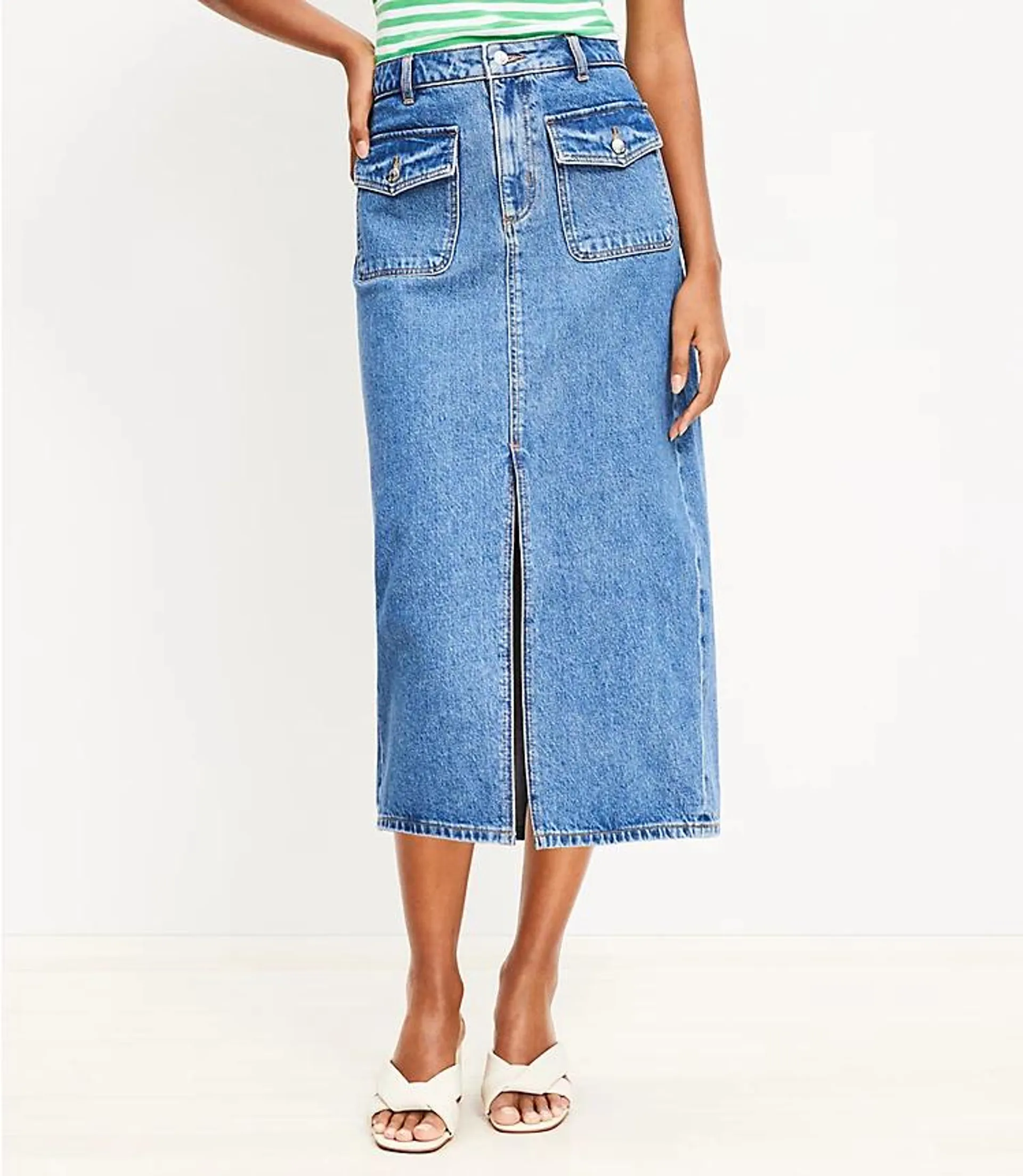 Patch Pocket Denim Midi Skirt in Classic Mid Wash