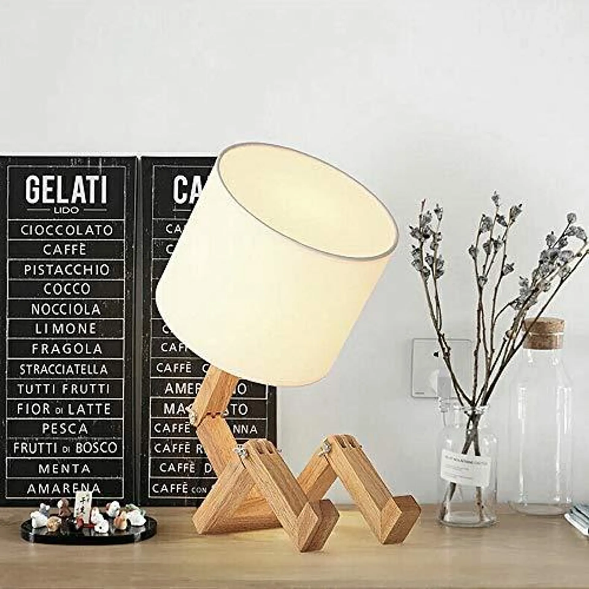 ELINKUME Robot Bedside Lamp, Fabric Lampshade Match Foldable Solid Wood Body, Creative E27 Screw Table Lamp for Bedroom