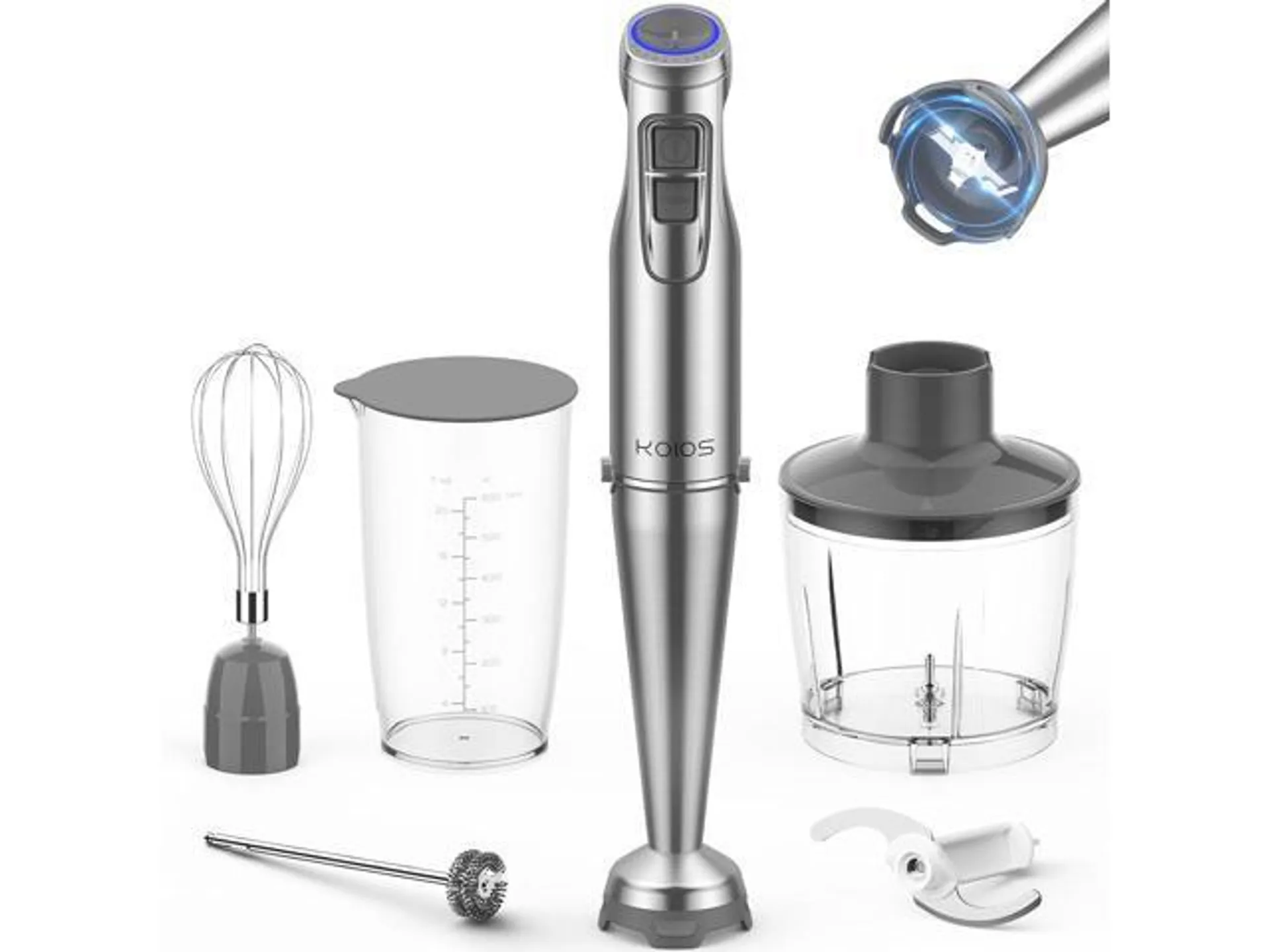 KOIOS 1100W Immersion Hand Blender, Stainless Steel Stick Blender with 12-Speed & Turbo Mode, 5-in-1 Handheld Blender with 600ml Mixing Beaker with Lid, 500ml Chopper, Whisk, Milk Frother, BPA-Free