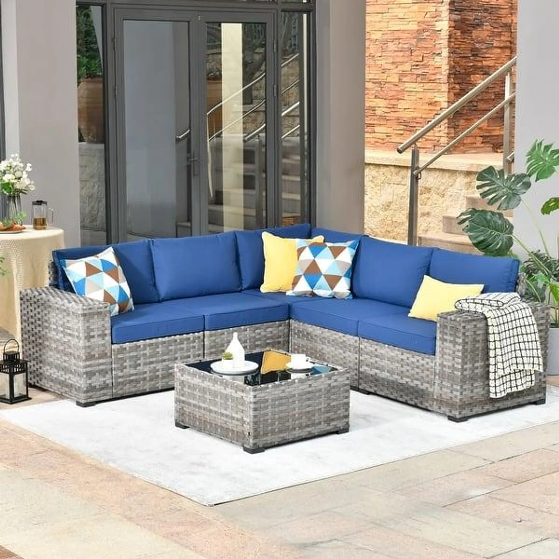 OVIOS Patio Wicker Furniture Wide Arm 6-piece Set with Table