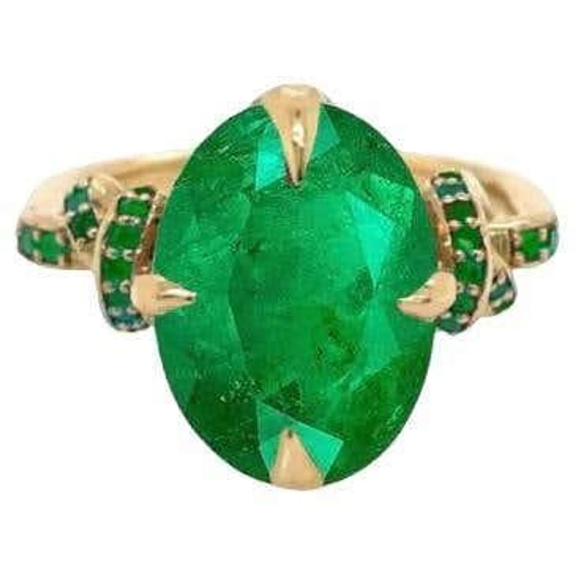 4.01ct Oval Cut Emerald Forget Me Knot ring with Emeralds in 18ct yellow gold