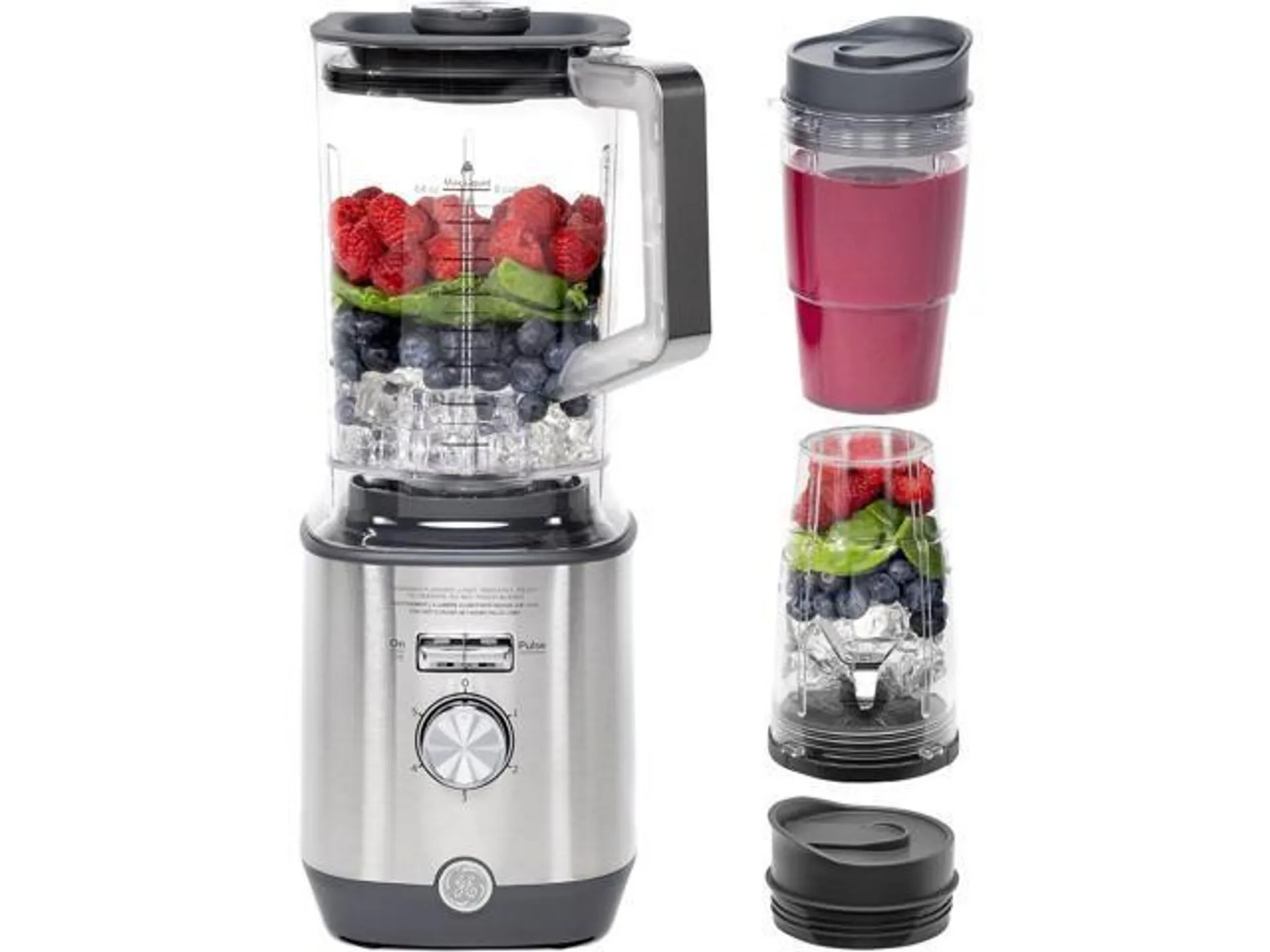 GE 5-Speed Blender + (2) 16 Ounce Blender Cups | Kitchen Essentials Blender for Shakes, Smoothies & More | Large 64 oz Tritan Jar, 8-10 Servings | Stainless Steel Blades & Exterior Finish | 1000 Watts