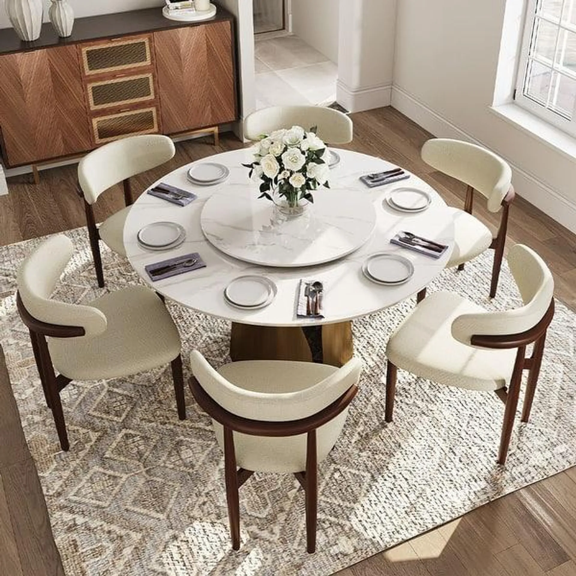 Modern Round White Dining Table，Sintered Stone Tabletop, Solid Black Carbon Steel Base