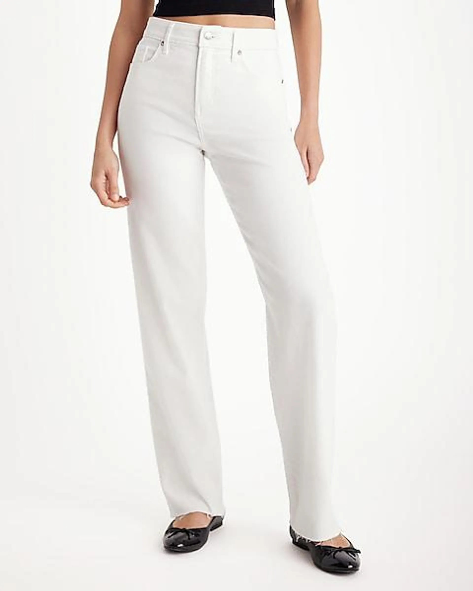 High Waisted White Raw Hem Relaxed Straight Leg Jeans