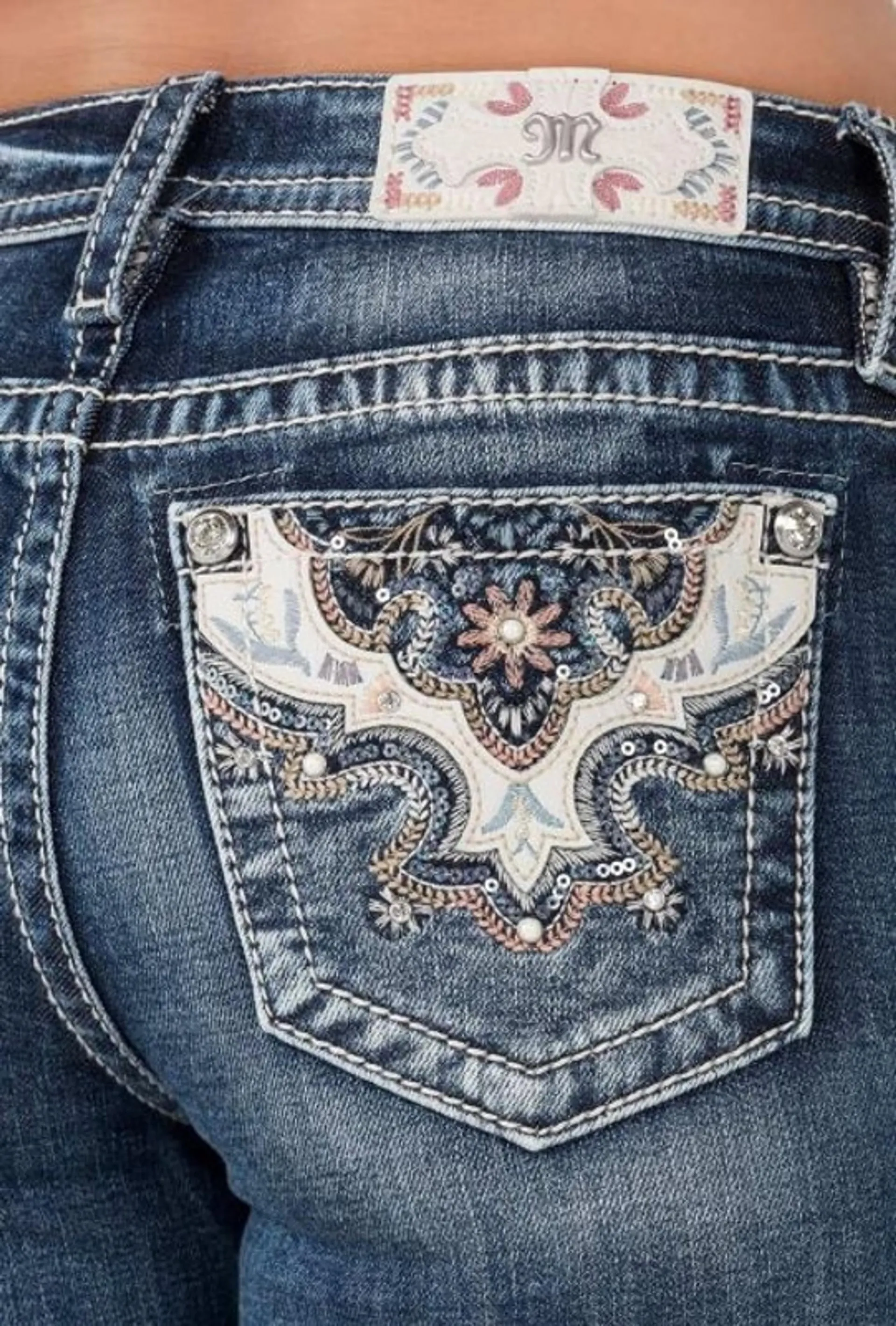 Miss Me Womens Mid Rise Slim Boot Cut Floral Pocket Jeans