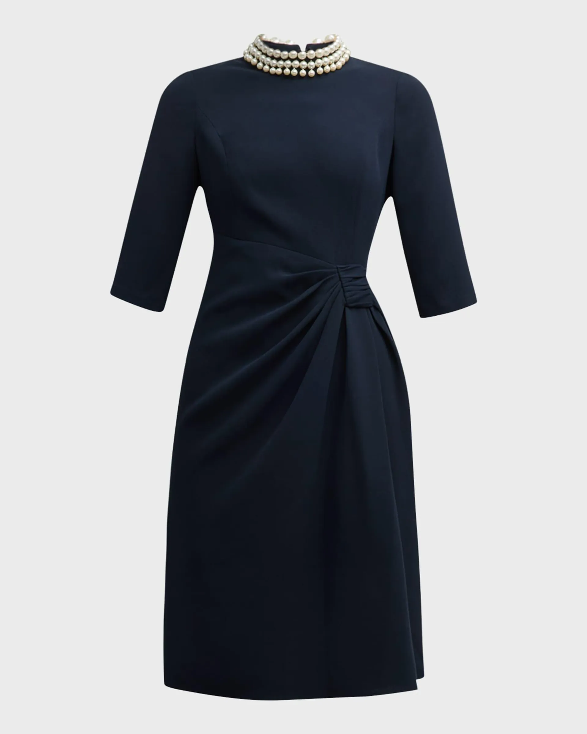 Pleated Pearly-Trim 3/4-Sleeve Midi Dress