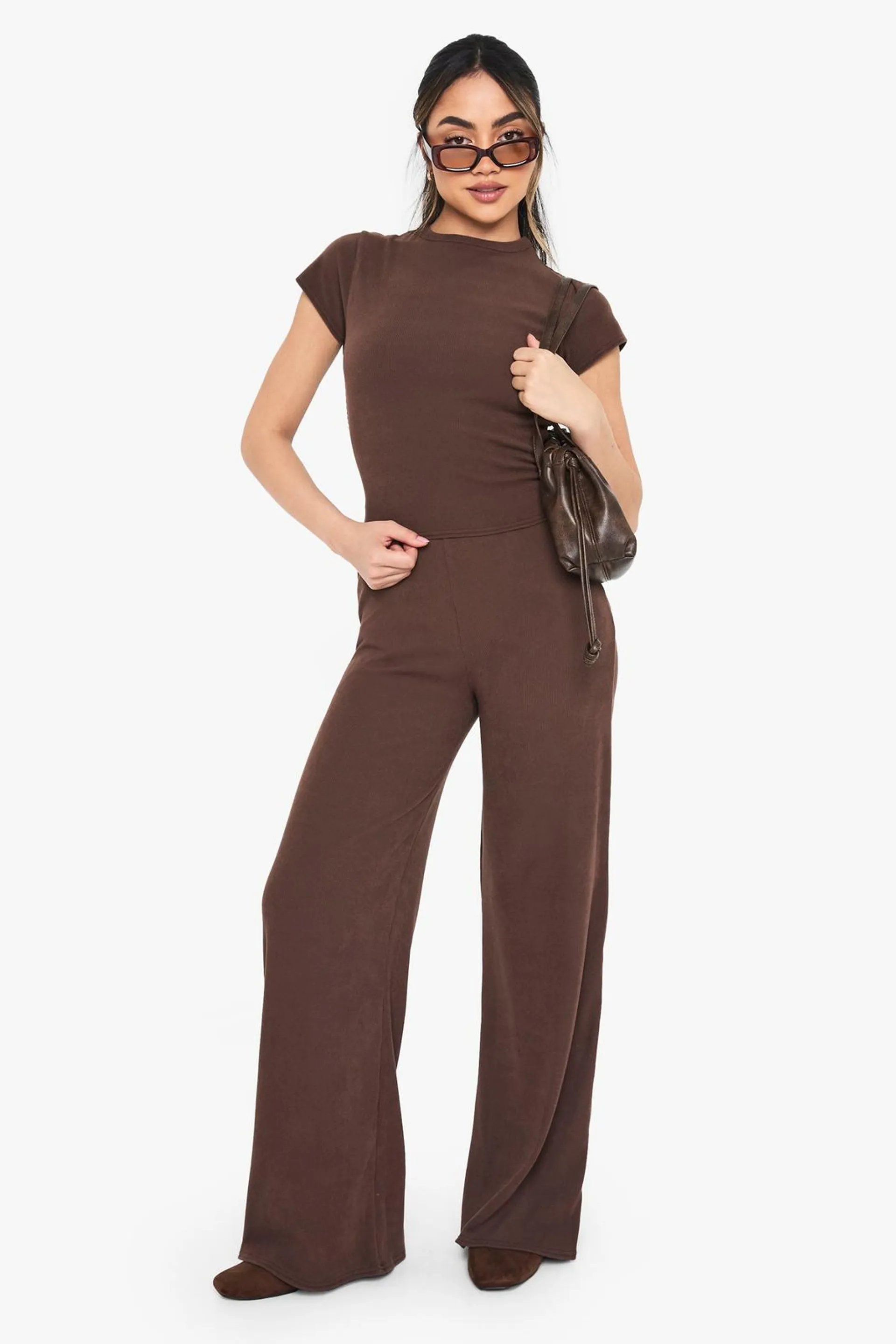 Brushed Rib T-Shirt and Wide Leg Trouser Set