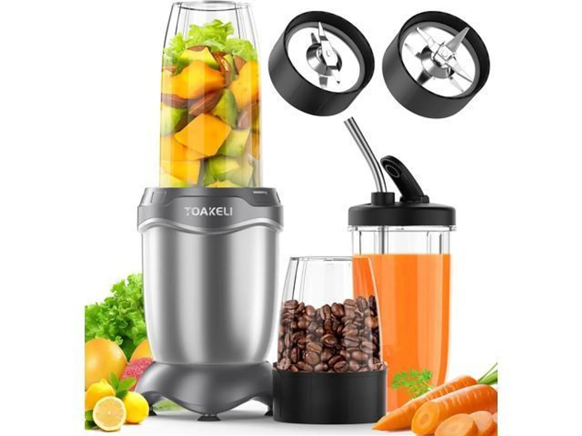 TOAKELI Smoothie Blender, 850 W Compact Personal Blender, Juice Blender Set Frozen Drinks, Shake, Sauces & More, 2 * 20 Oz To-Go Cups, 2*Spout-Lids, Silver