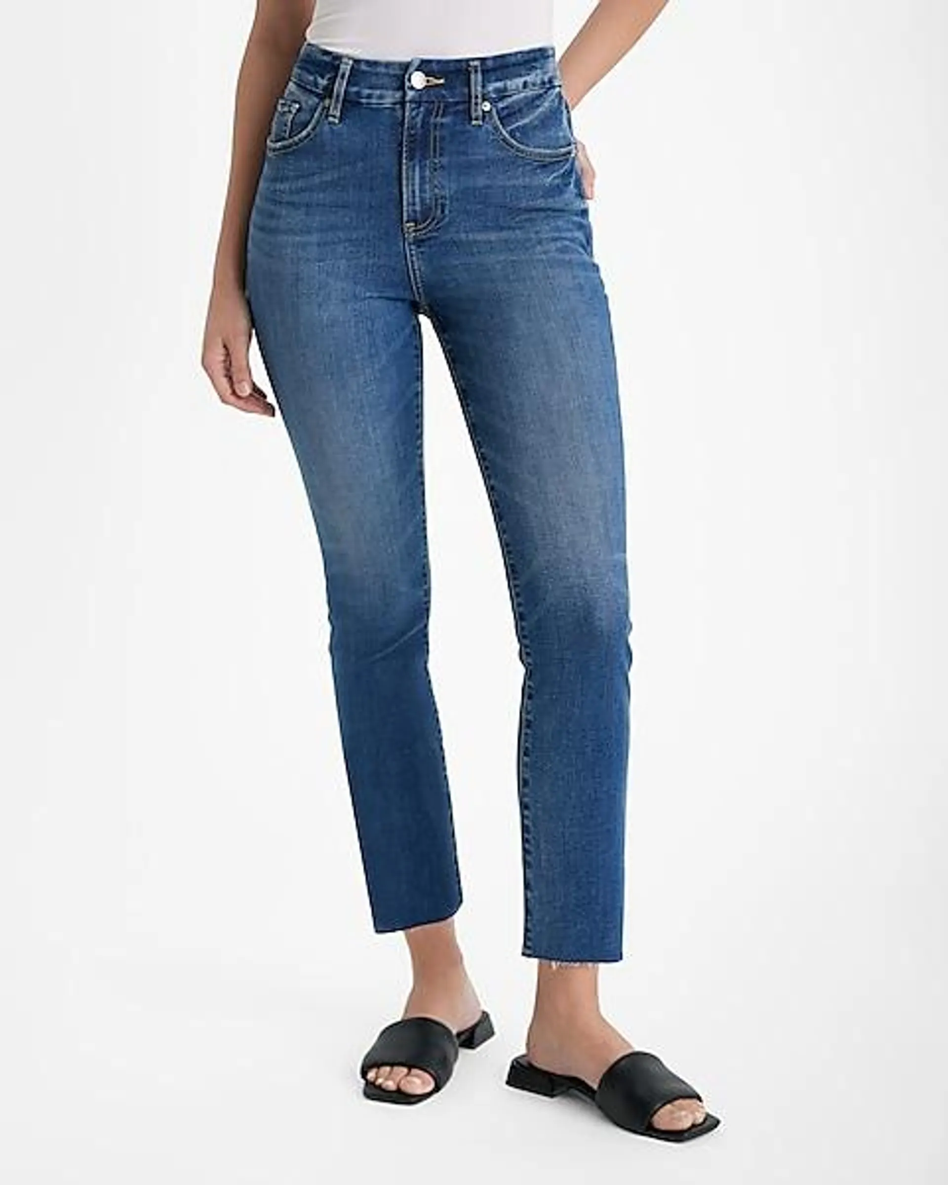 High Waisted Dark Wash Raw Hem FlexX Cropped Flare Jeans