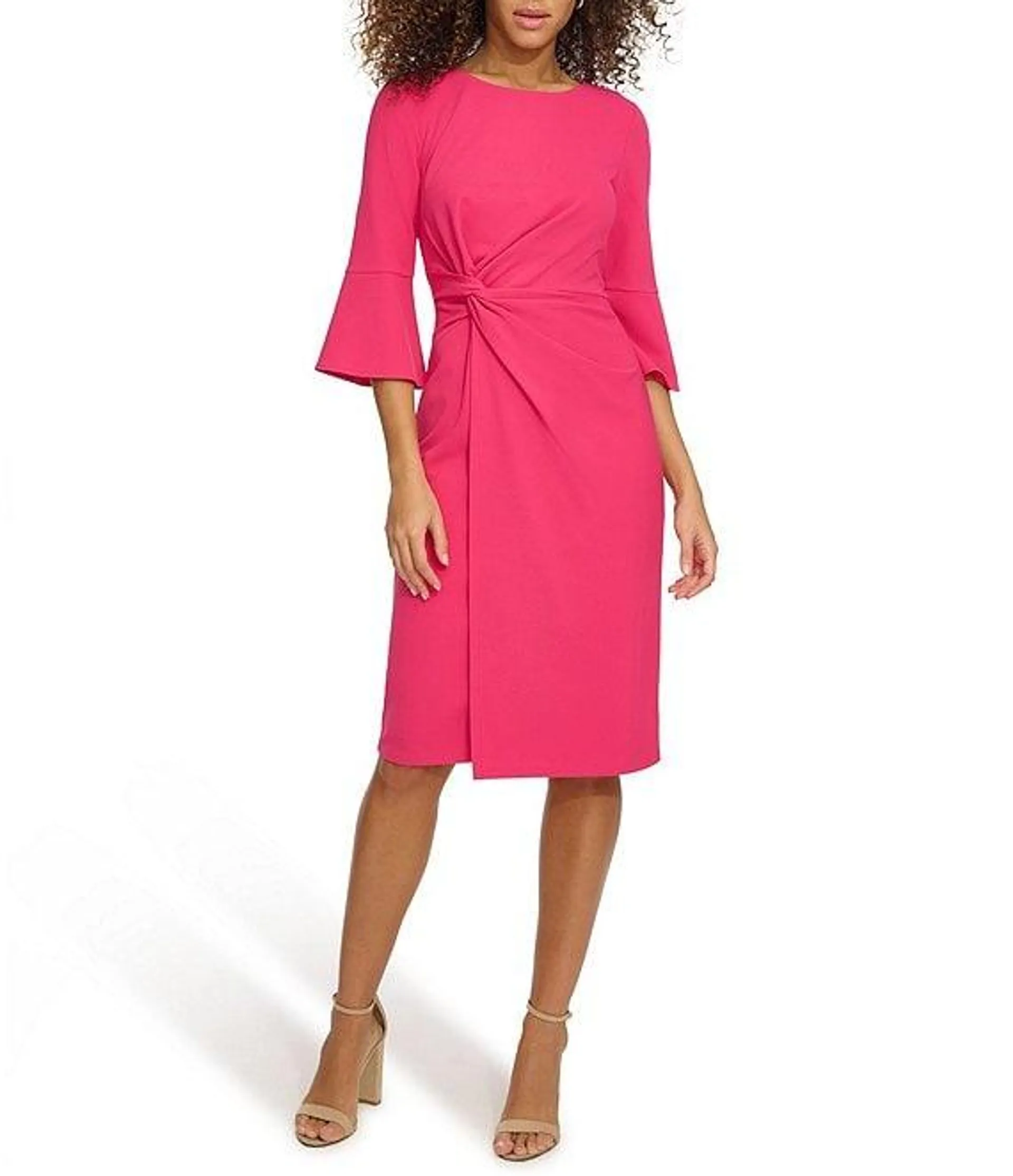 Stretch Boat Neck Mid Length Bell Sleeve Twist Waist Faux Wrap Skirt Sheath Dress