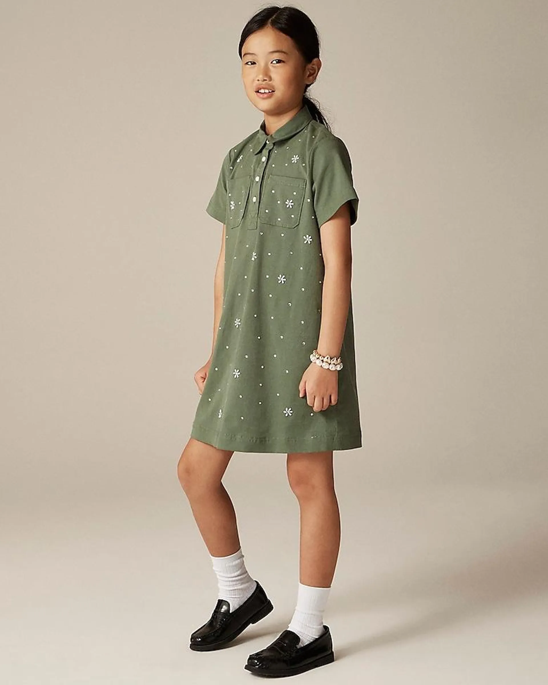 Girls' flower-embellished shirtdress in twill