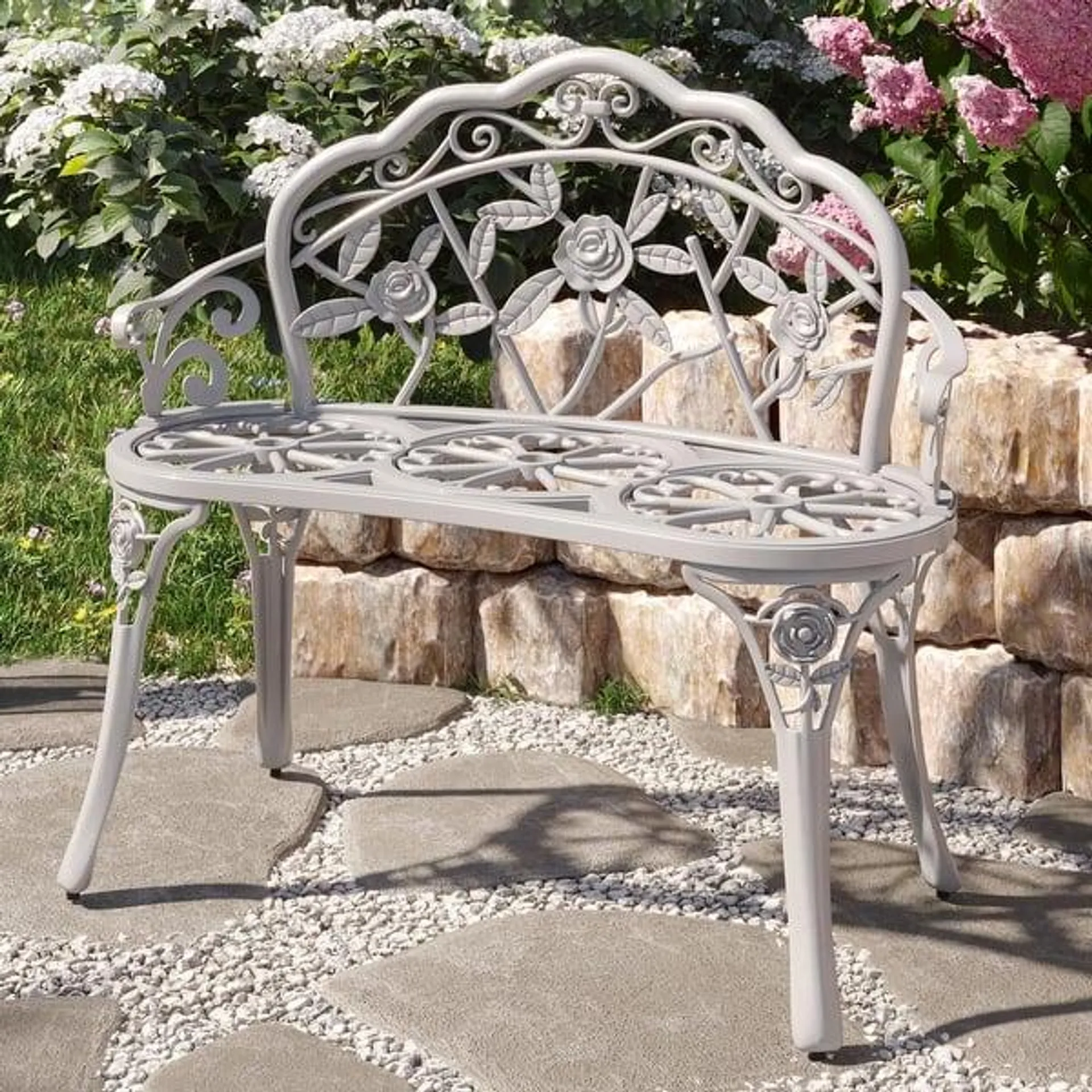 BELLEZE Outdoor Bench, Antique Floral Rose Patio Metal Loveseat