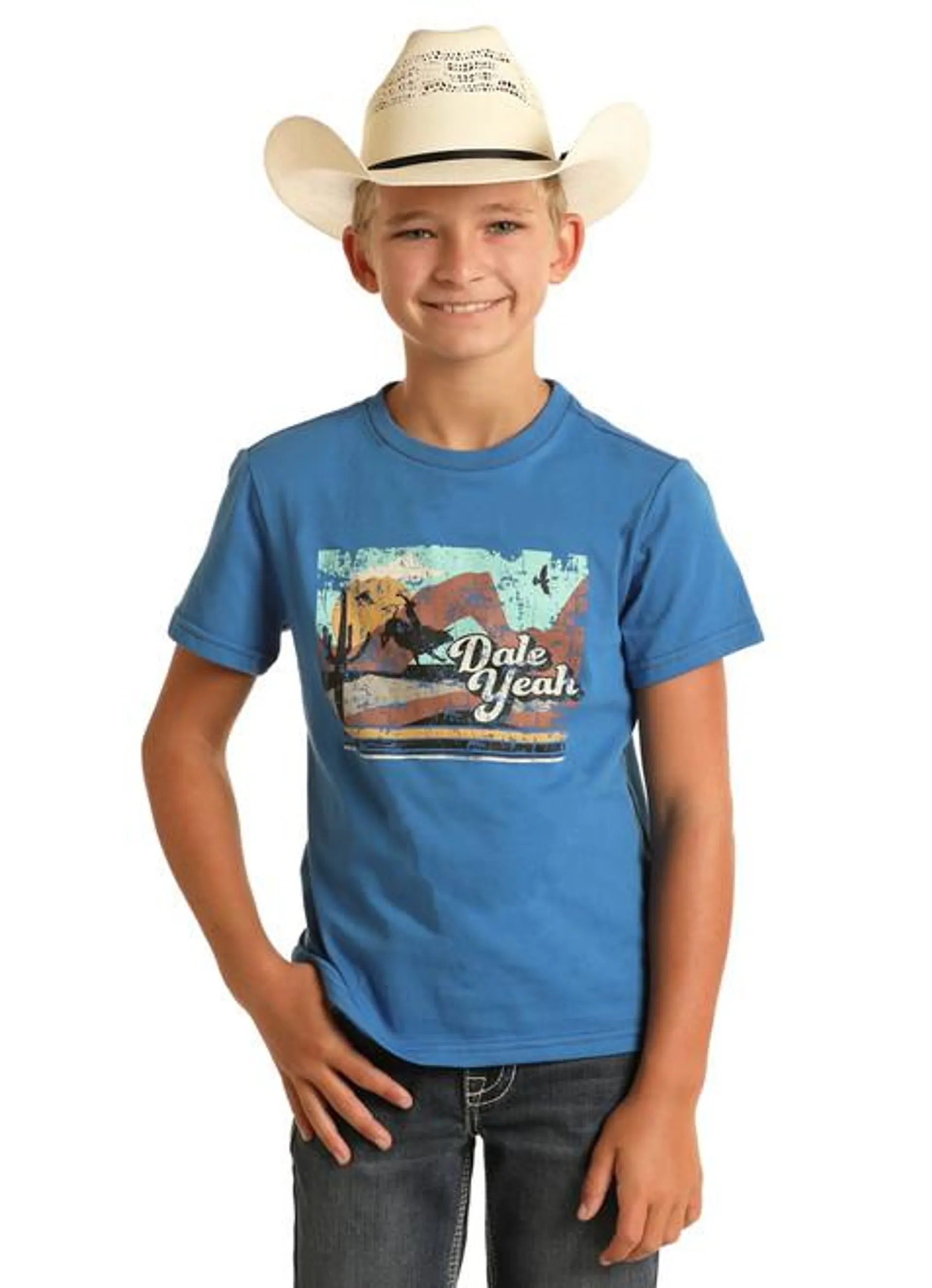 Rock & Roll Denim Boys Blue Desert With Buckin Bull Short Sleeve T-Shirt