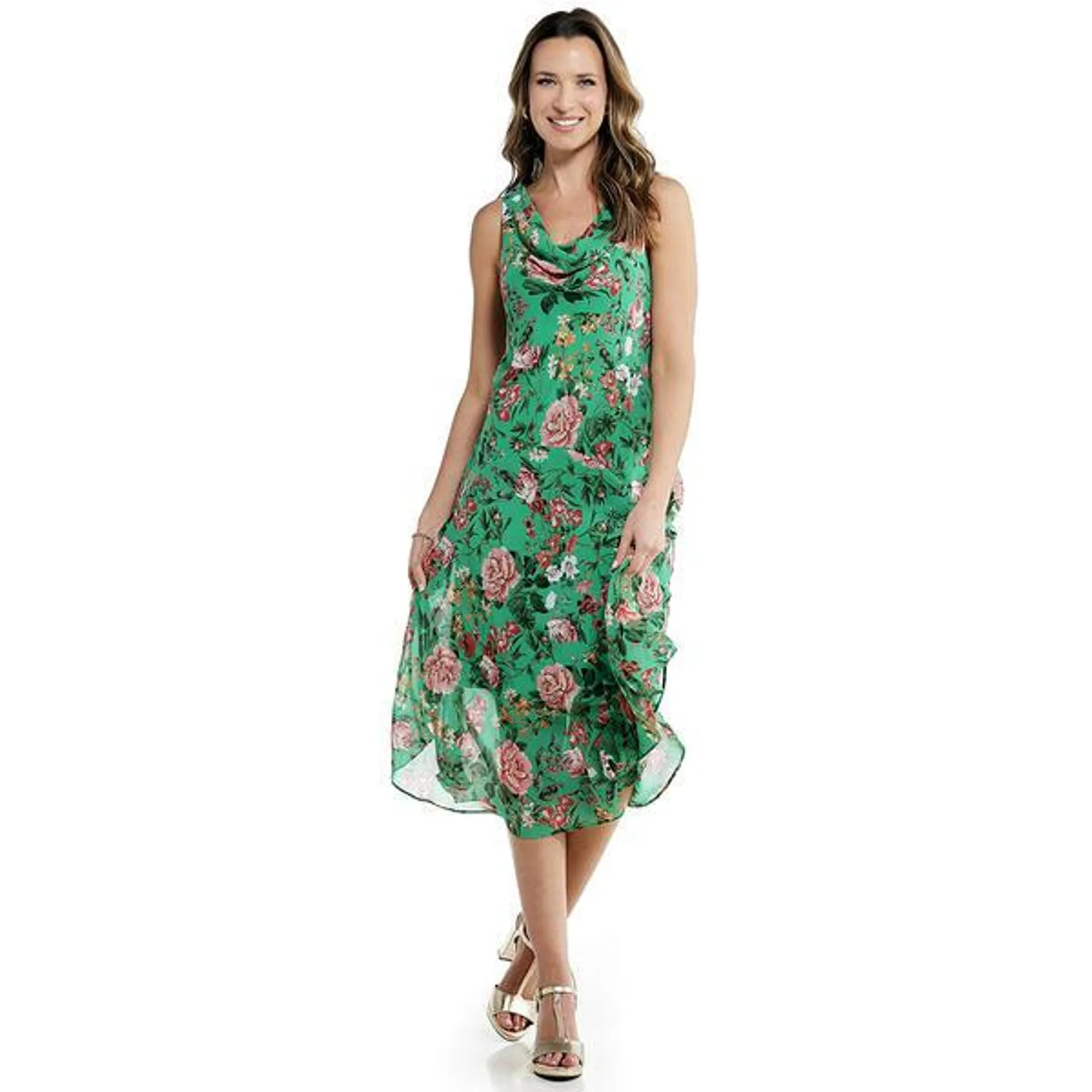 Womens Robbie Bee Sleeveless Drape Neck Floral Chiffon Maxi Dress