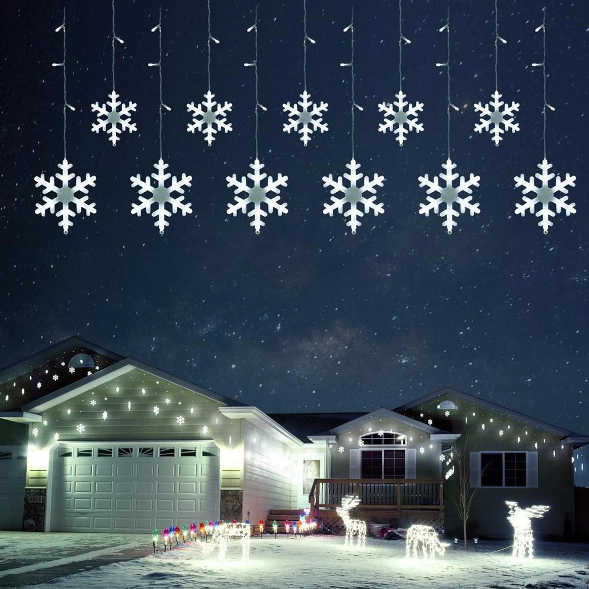 Great Choice Products Christmas Snowflake Lights, 11.48Ft Outdoor Led Snowflake Icicle Christmas Lights With 14 Drops, Waterproof Snowflake Ligh