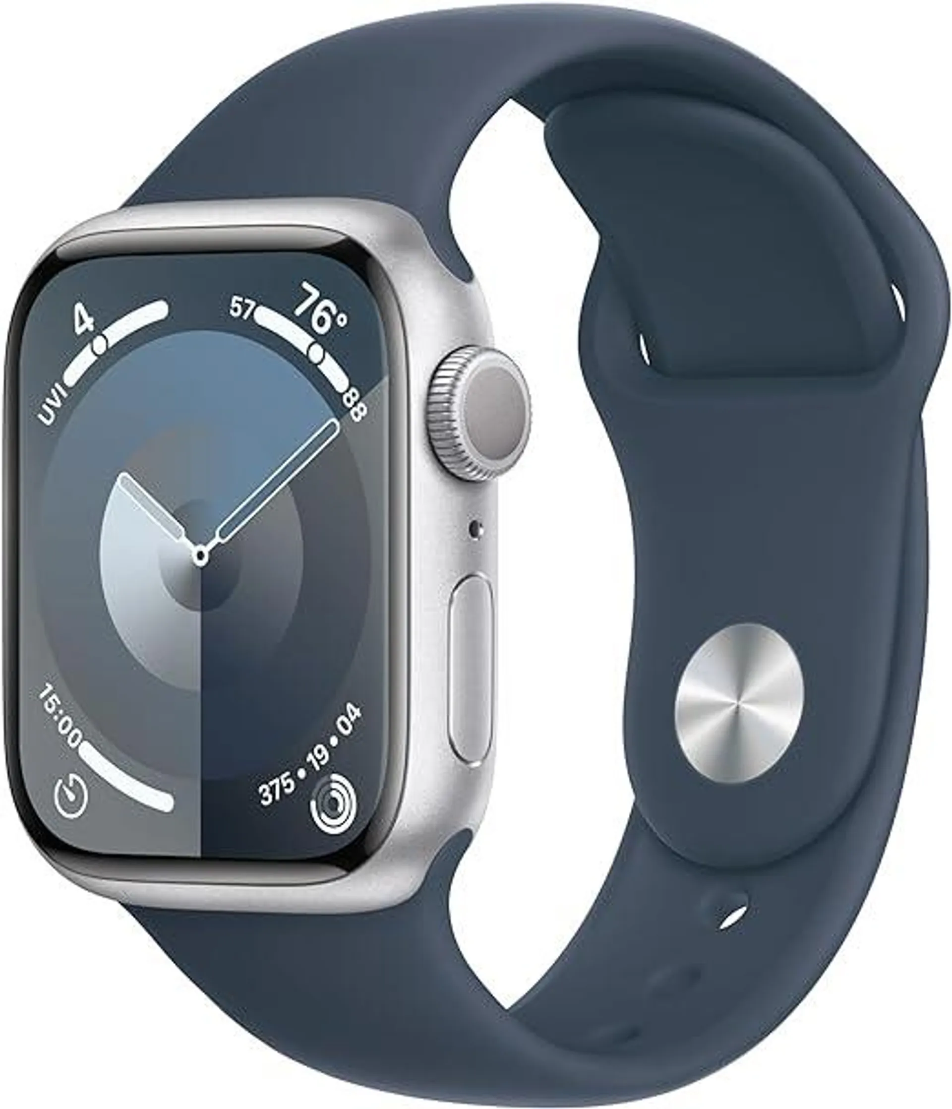 Apple Watch Series 9 [GPS 41mm] Smartwatch with Silver Aluminum Case with Storm Blue Sport Band M/L. Fitness Tracker, ECG Apps, Always-On Retina Display, Water Resistant