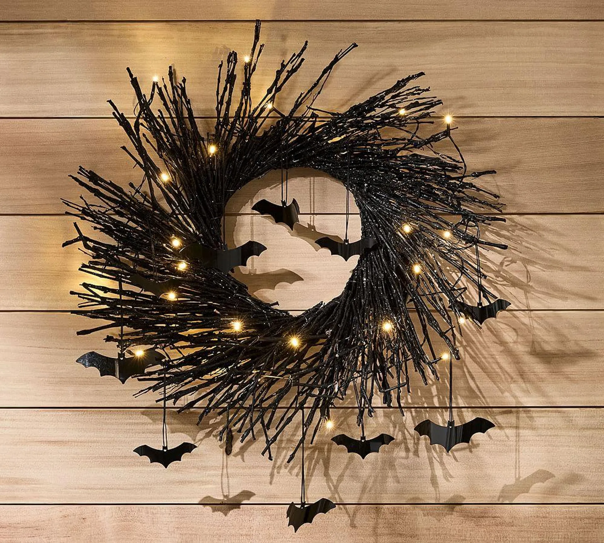 Lit Handcrafted Glitter Branch Wreath with Bats