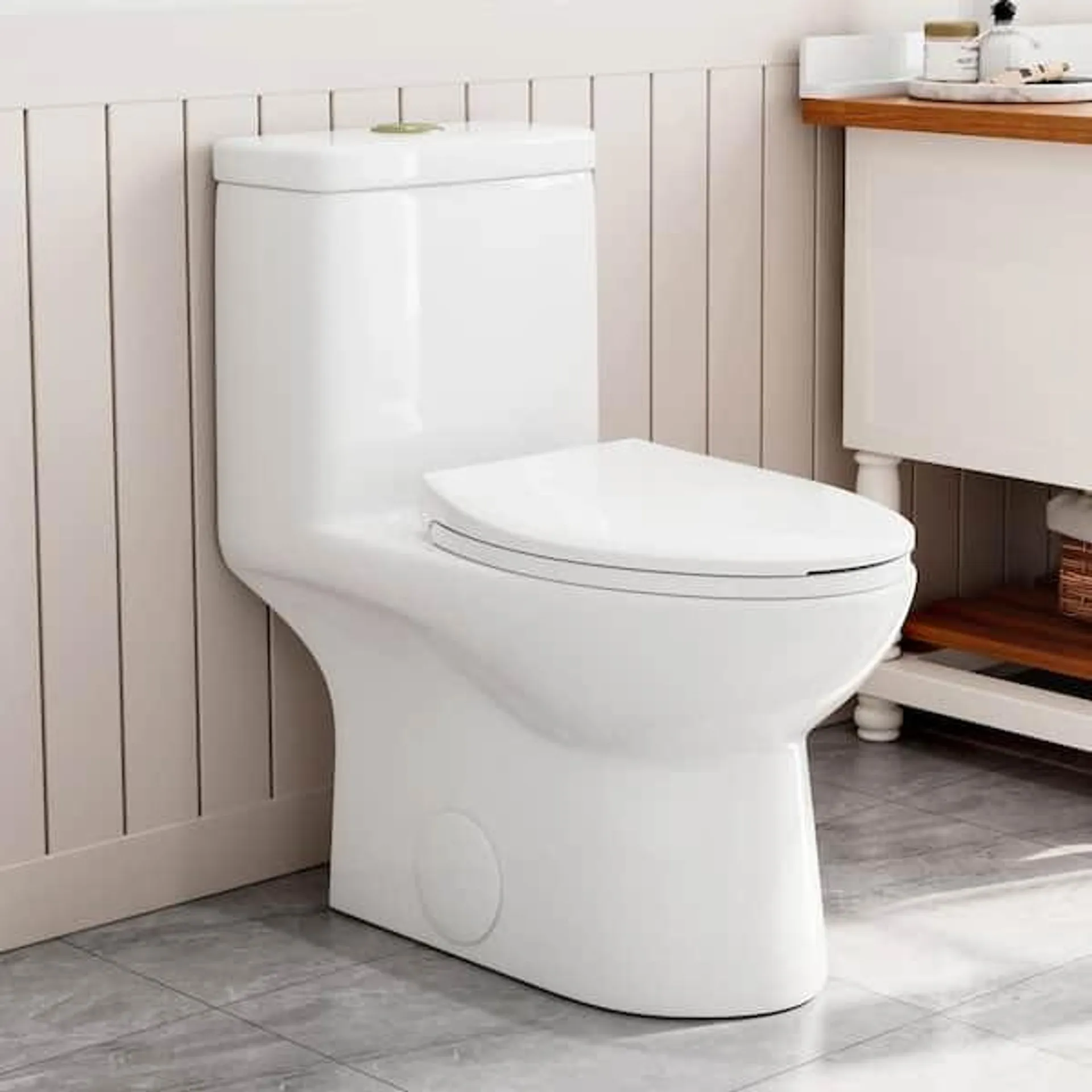 One-Piece 0.8/1.28 GPF Dual Flush Elongated Toilet in White, Seat Included and Brushed Gold Button