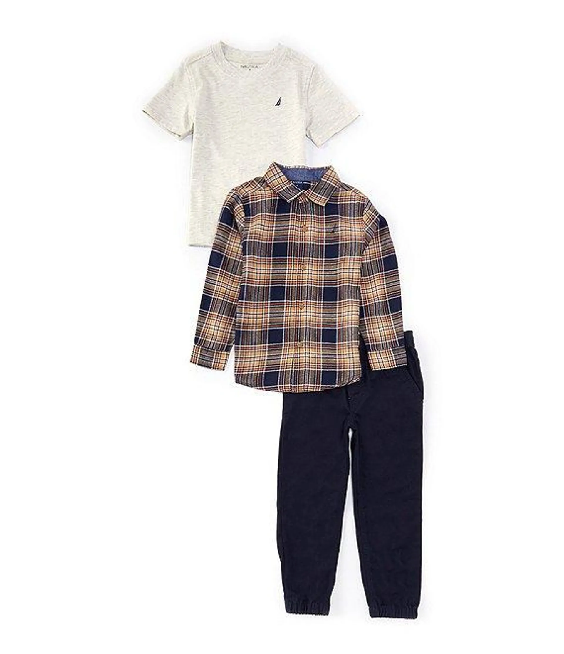 Little Boys 2T-7 Long Sleeve Plaid Twill Shirt & T-Shirt & Jogger 3-Piece Set