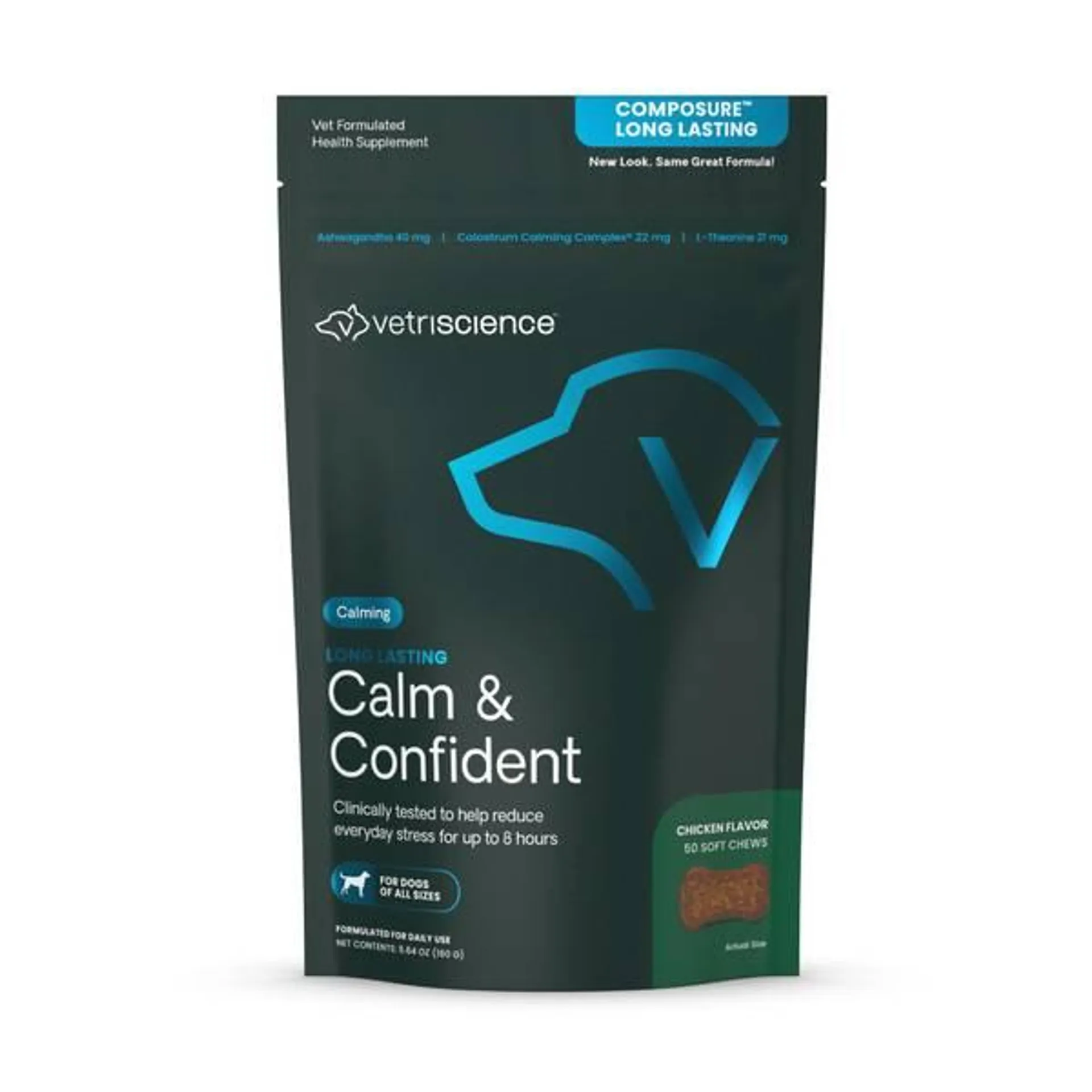 VetriScience brand page 50-Count Calm and Confident Long Lasting Chicken Composure Supplement Dog Chews