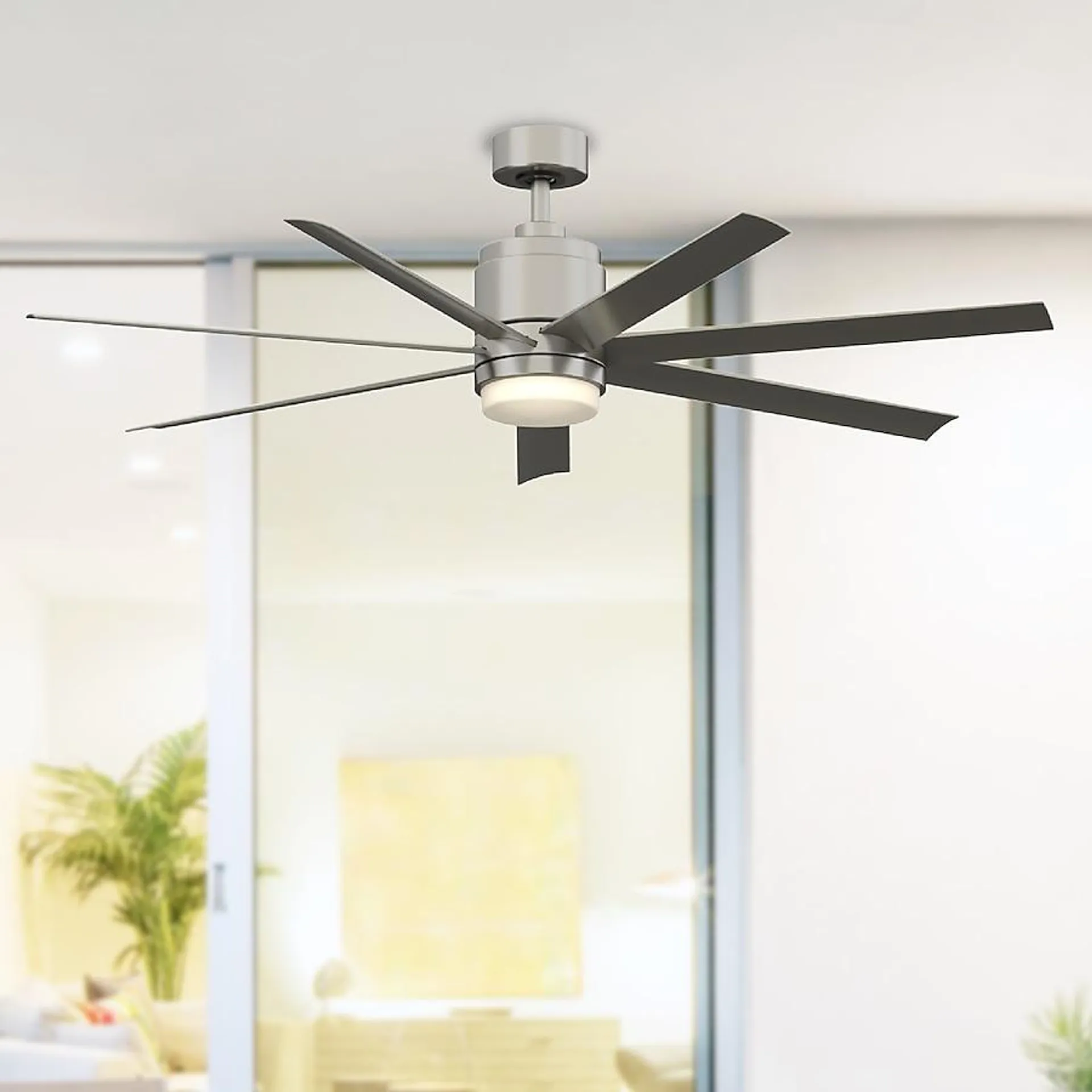 Fanimation Studio Collection Blitz 56-in Brushed Nickel with Gray Blades Integrated LED Indoor/Outdoor Ceiling Fan with Light and Remote (7-Blade)