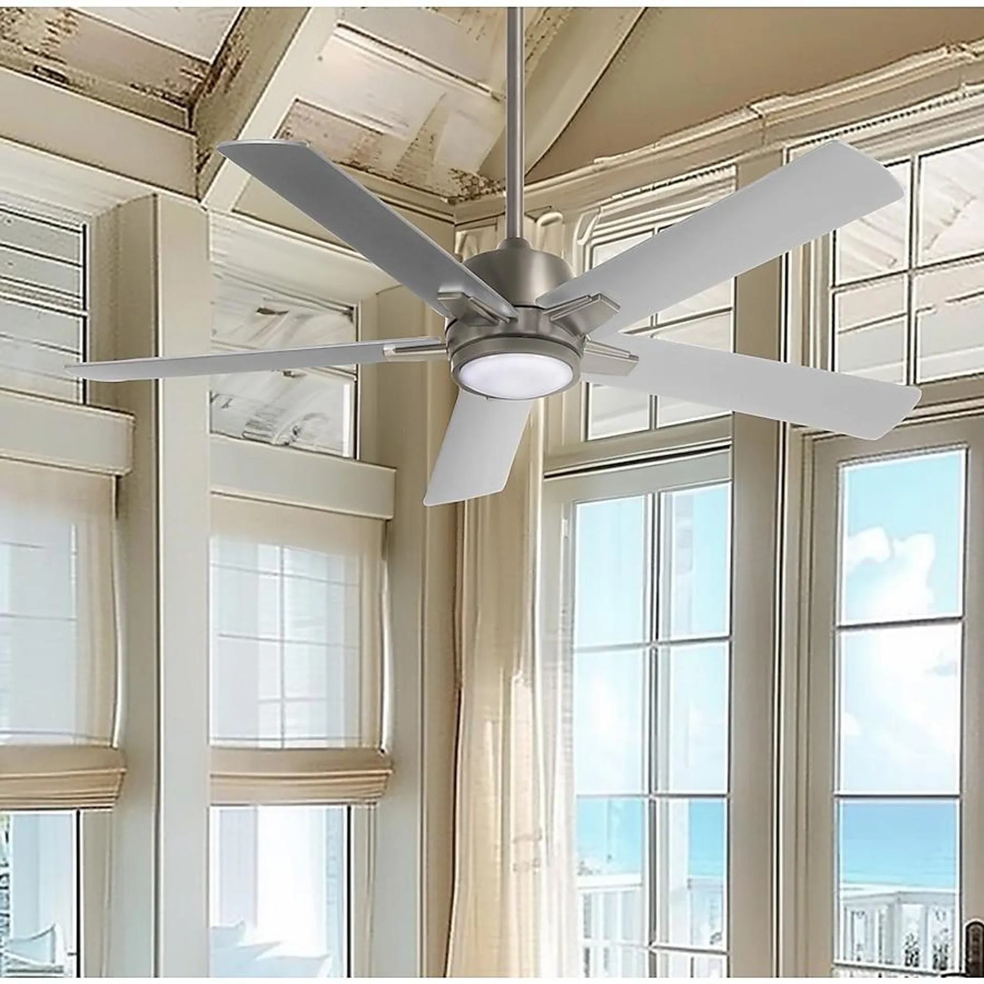 Minka Aire Stout 54-in Brushed Nickel with Silver Blades Integrated LED Indoor Ceiling Fan with Light and Remote (5-Blade)