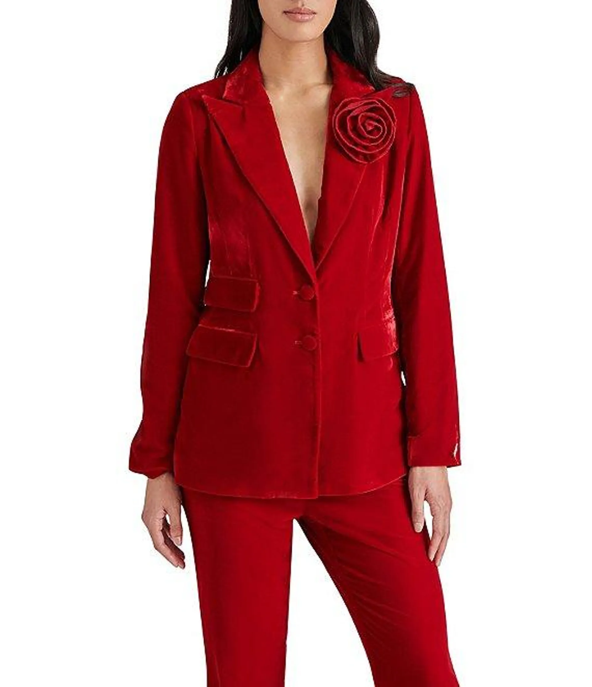 Merene Velvet Notch Lapel Long Sleeve Rosette Blazer