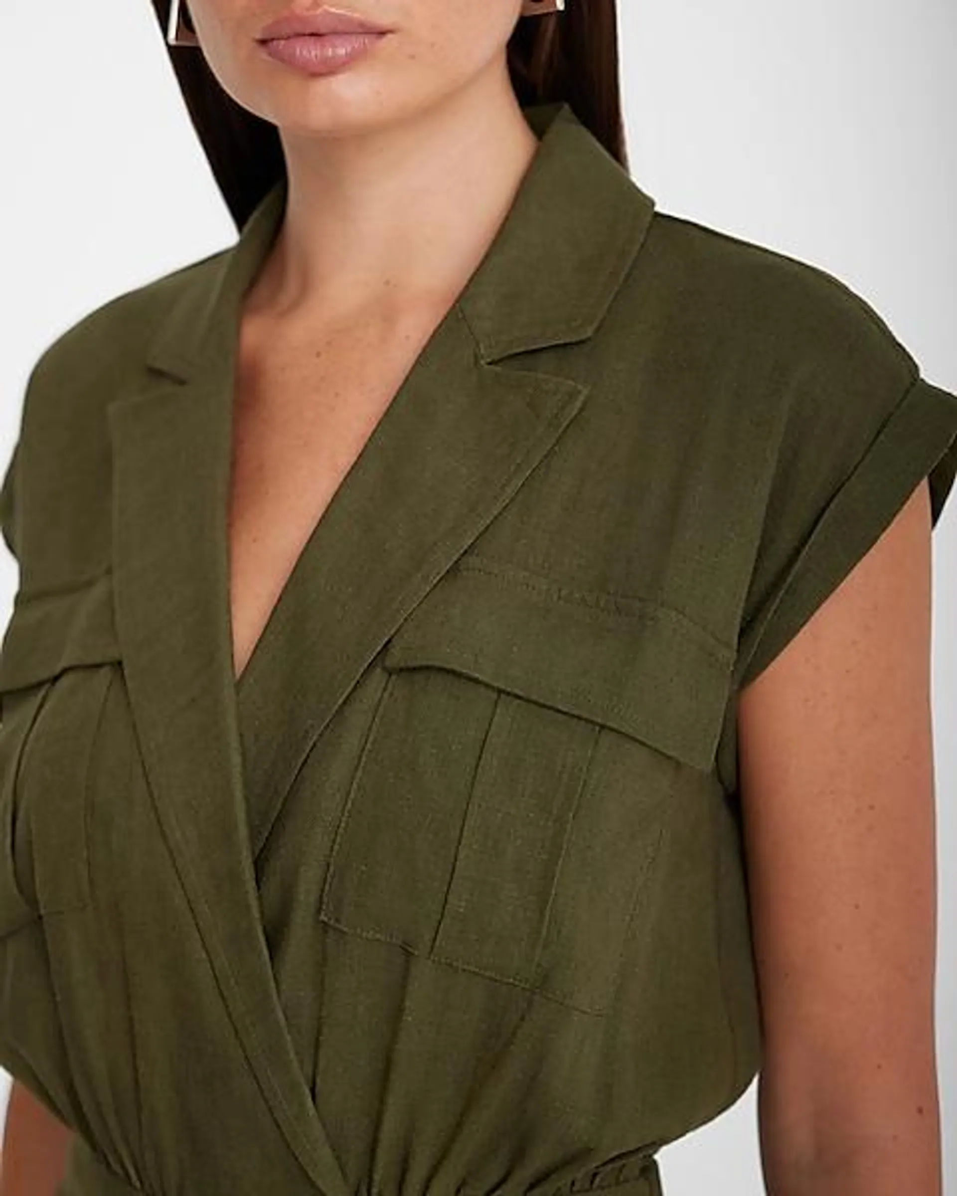 Linen-Blend Short Sleeve Cargo Romper