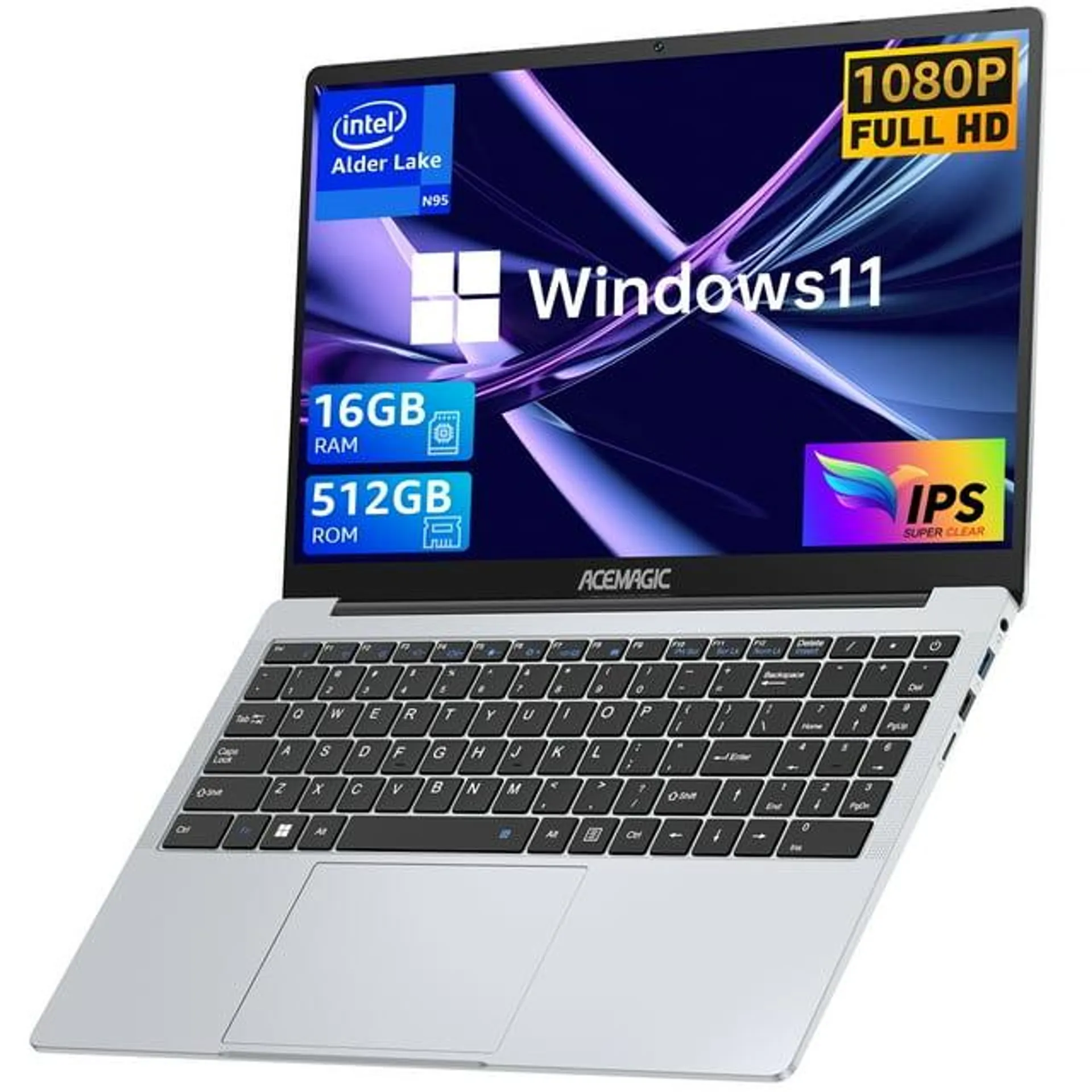 KAMRUI Laptop 15.6 FHD 16GB 512GB Intel Quad-Core 12th Alder Lake N95 with Windows 11 Silver