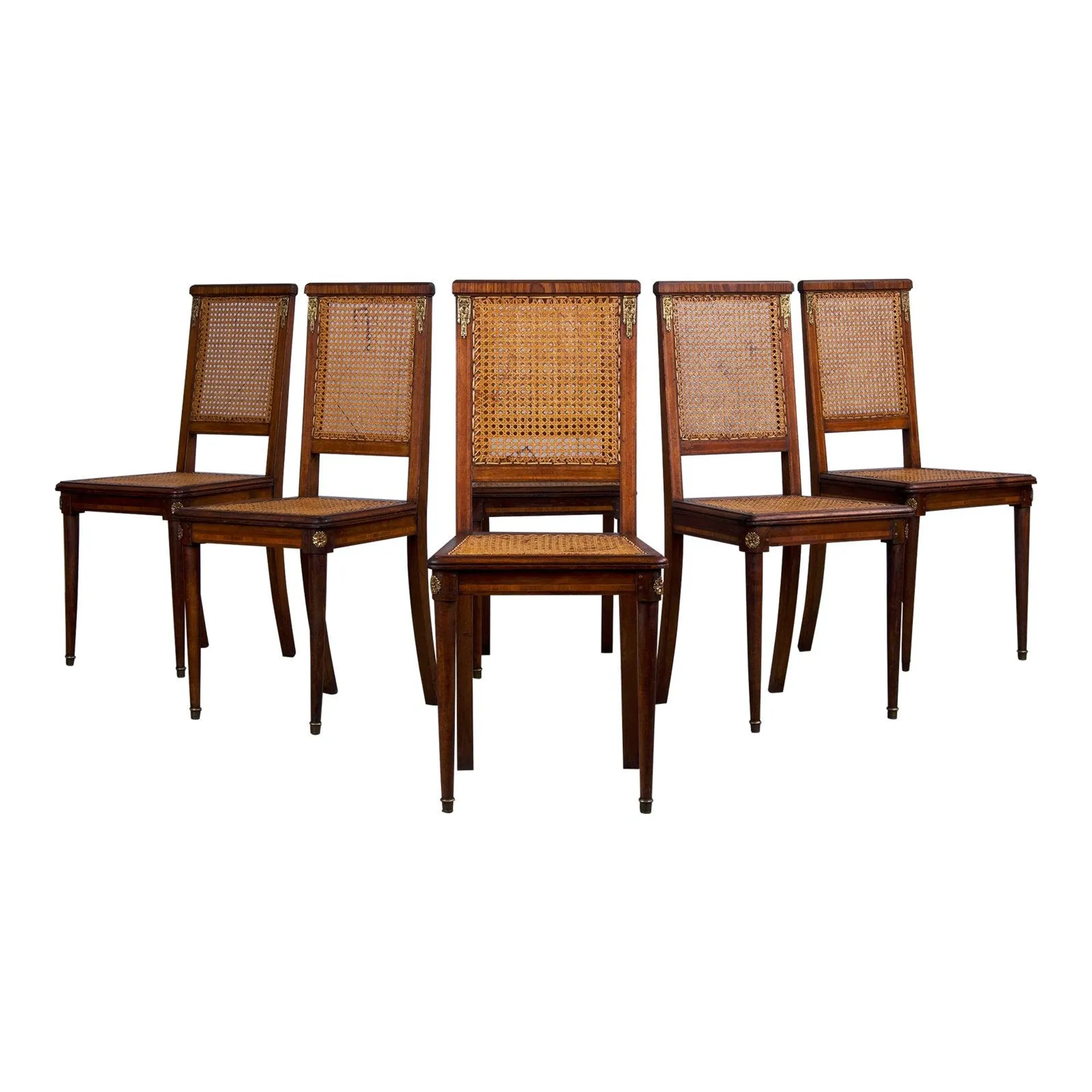 Antique French Louis XVI Style Walnut Inlay Cane Dining Chairs - Set of 6