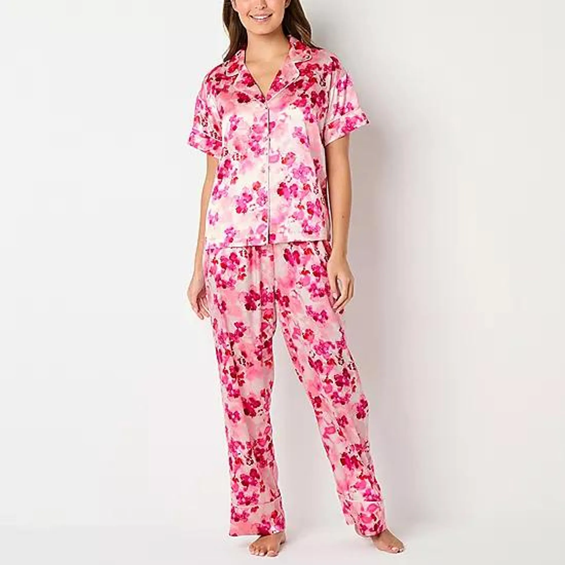 new! Ambrielle Womens Satin Short Sleeve 2-pc. Pant Pajama Set