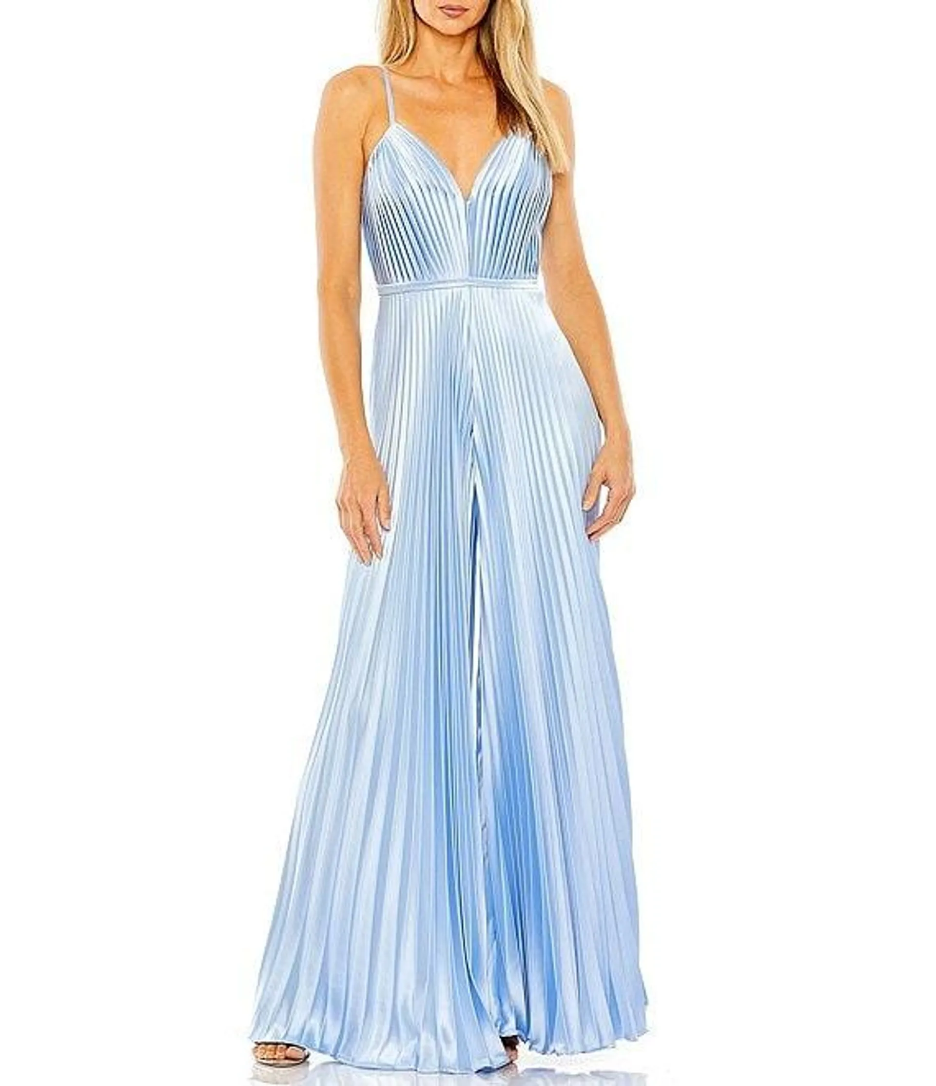 Pleated Deep V-Neck Spaghetti Strap Sleeveless Wide Leg Jumpsuit