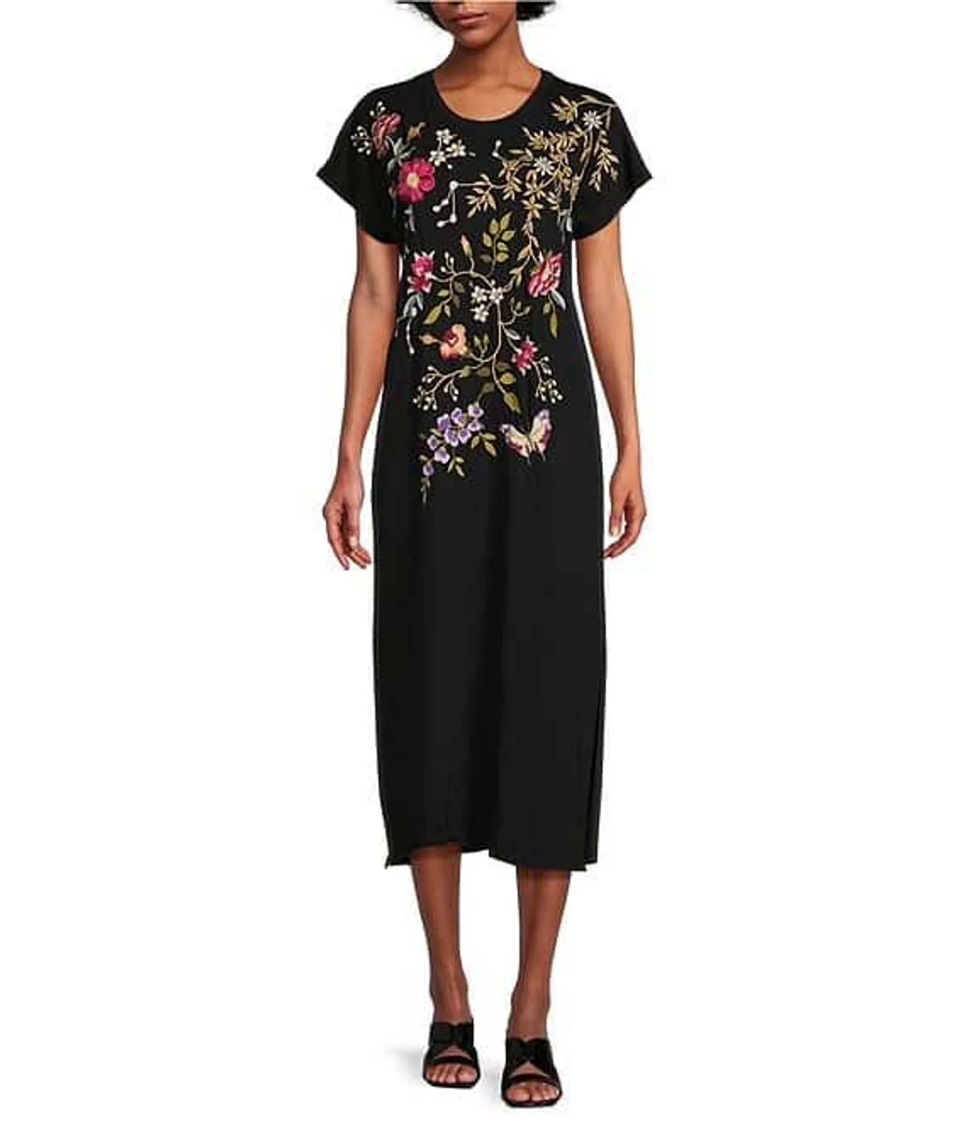 Osaka Cotton Knit Embroidered Placement Floral Motif Short Sleeve Midi Shift Dress