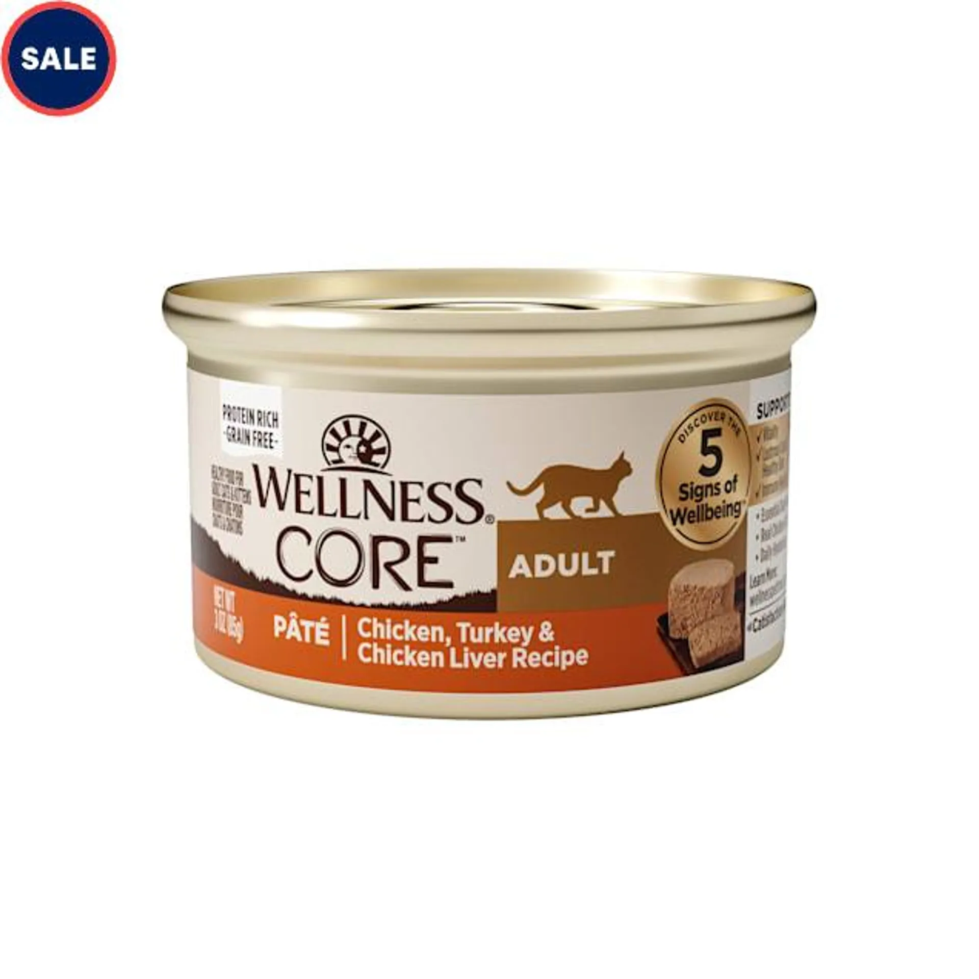 Wellness CORE Natural Grain Free Chicken, Turkey & Chicken Liver Pate Wet Cat Food, 3 oz., Case of 12