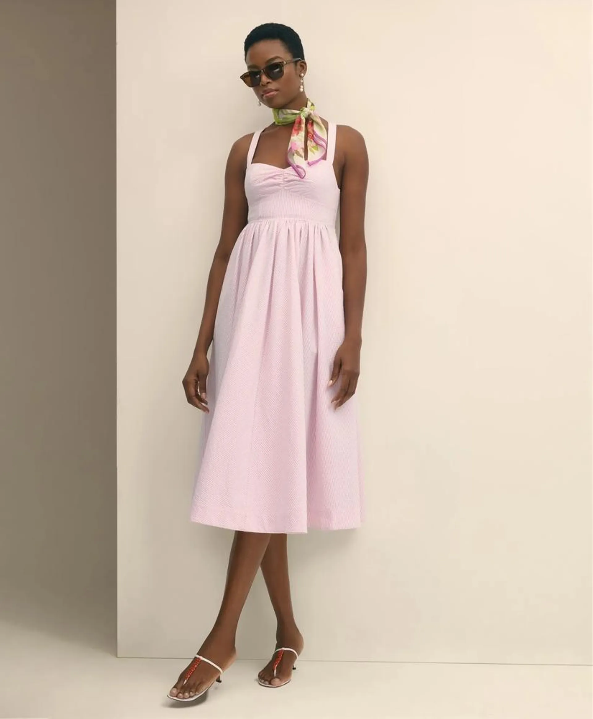 Cotton Blend Seersucker Fit-And-Flare Dress