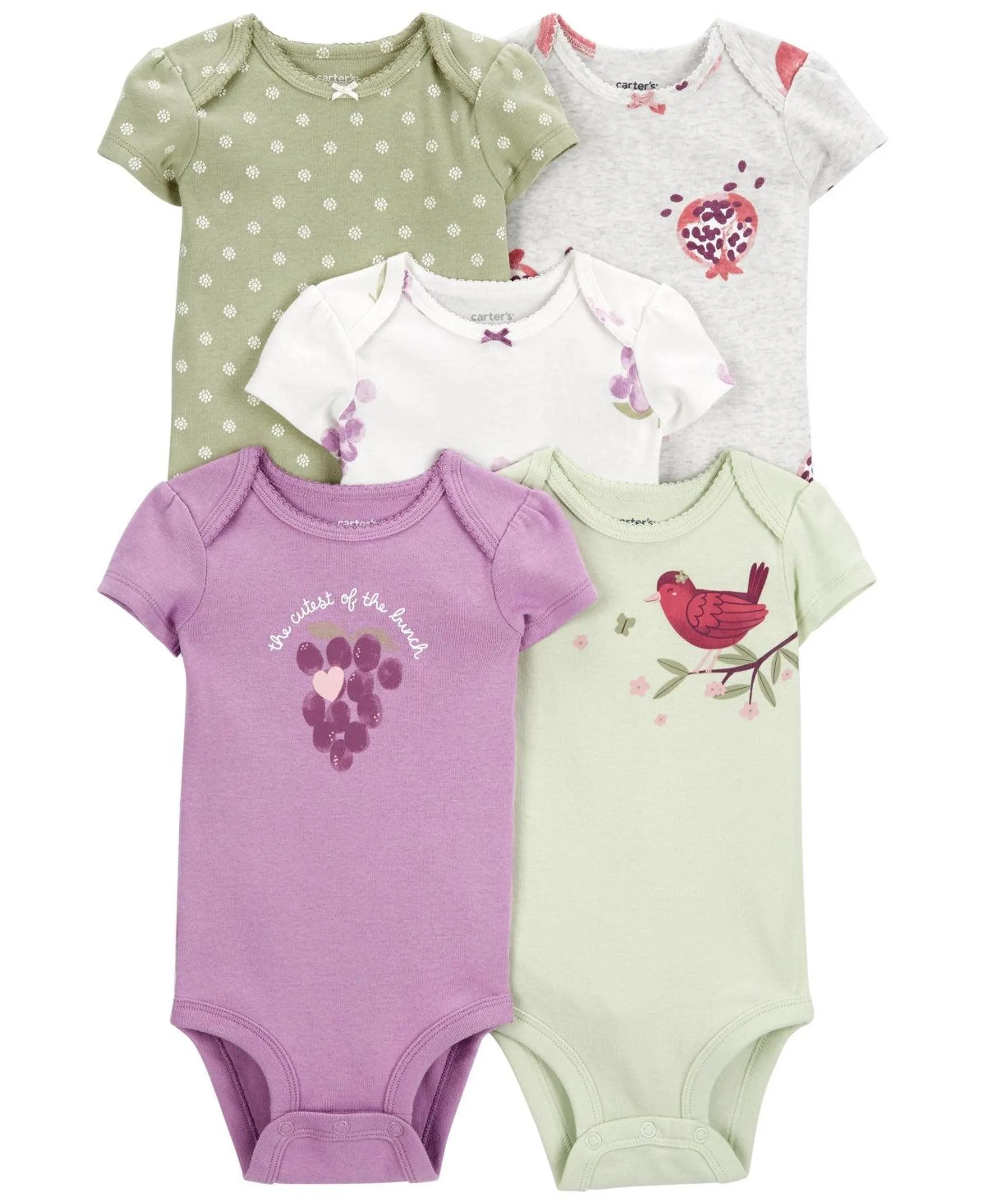 Carter's Baby Girls Short Sleeve Bodysuits in Green/Purple, Pack of 5