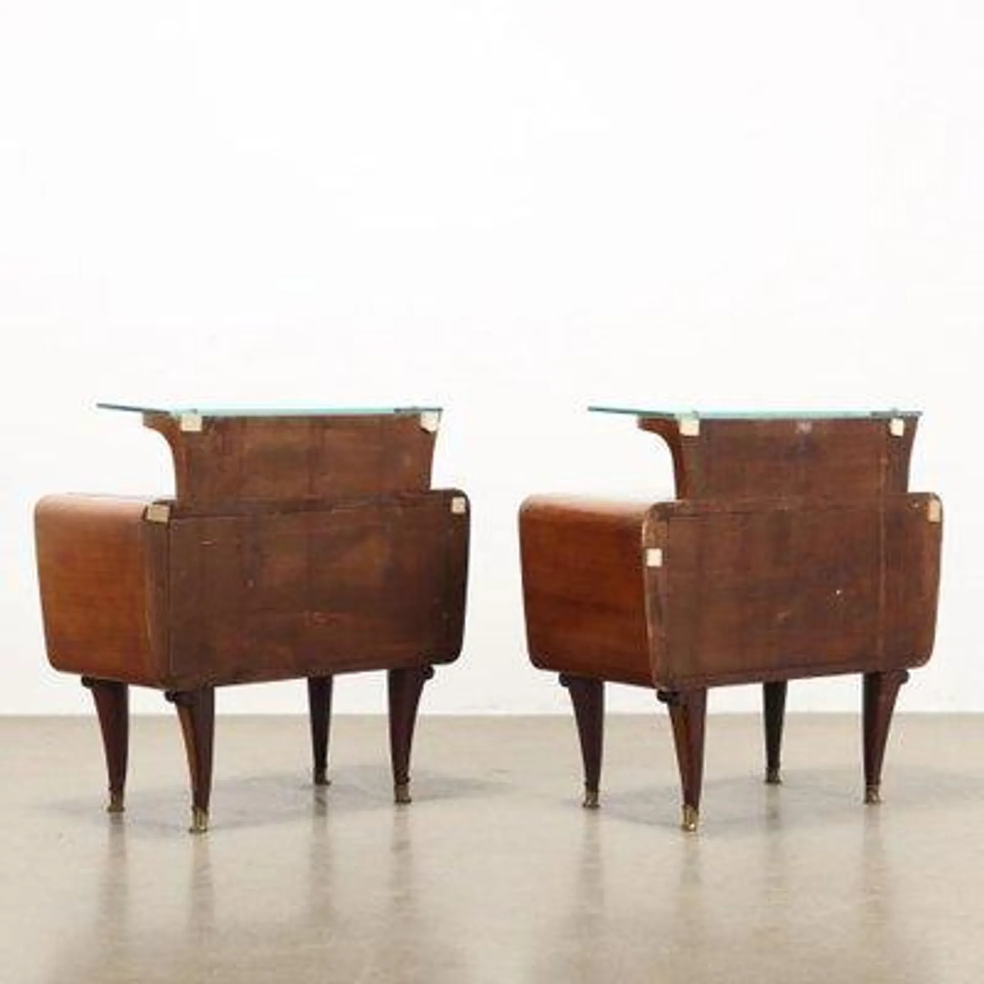 Vintage Bedside Tables in Teak Veneer & Glass, Italy, 1940s, Set of 2