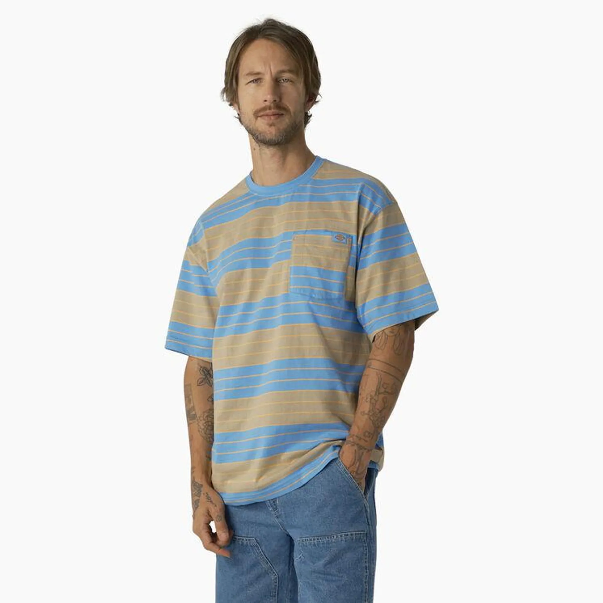 Relaxed Fit Striped Pocket T-Shirt, Azure Blue/Desert Sand Stripe