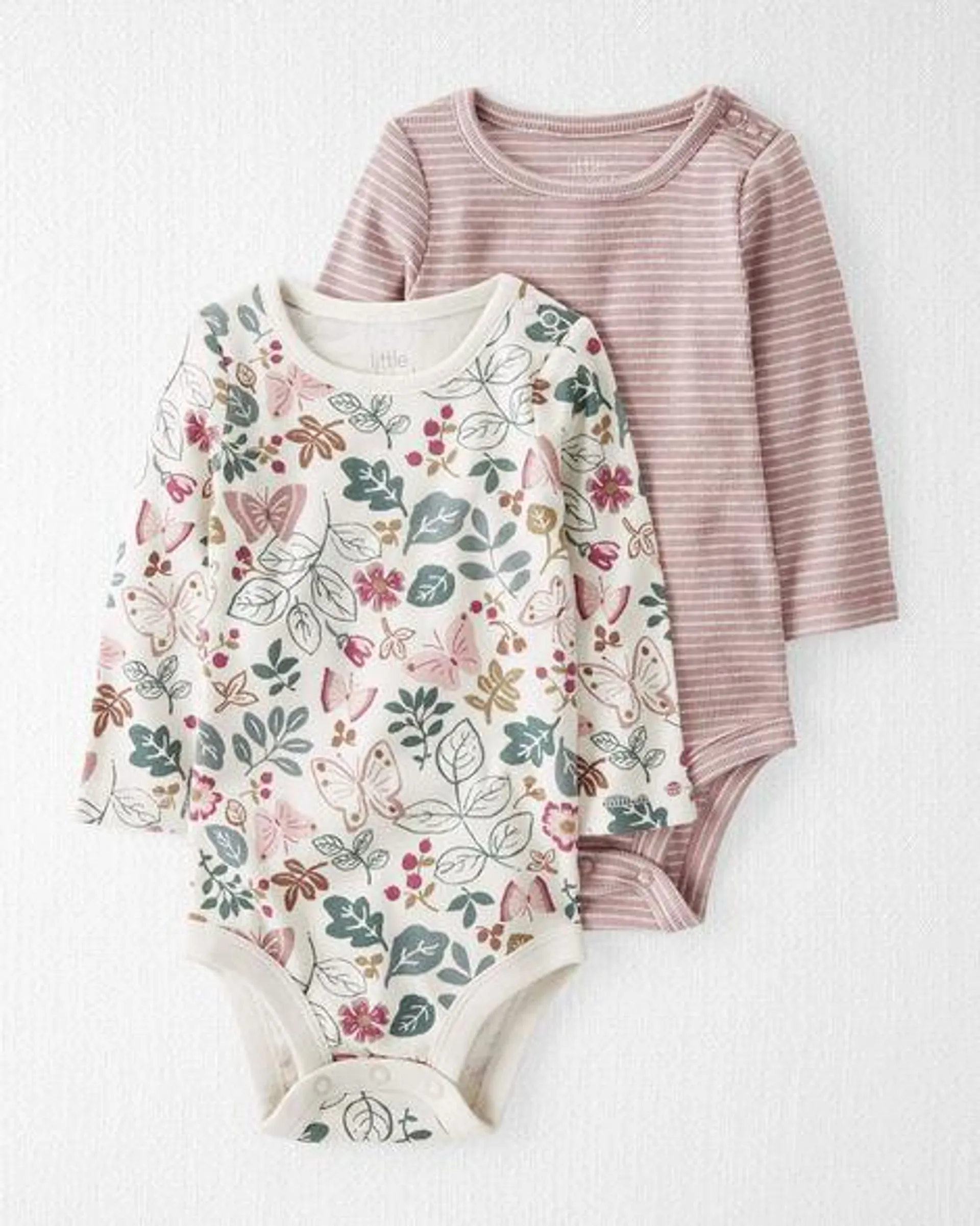 Baby 2-Pack Organic Cotton Rib Bodysuits in Botanical Butterfly and Stripes