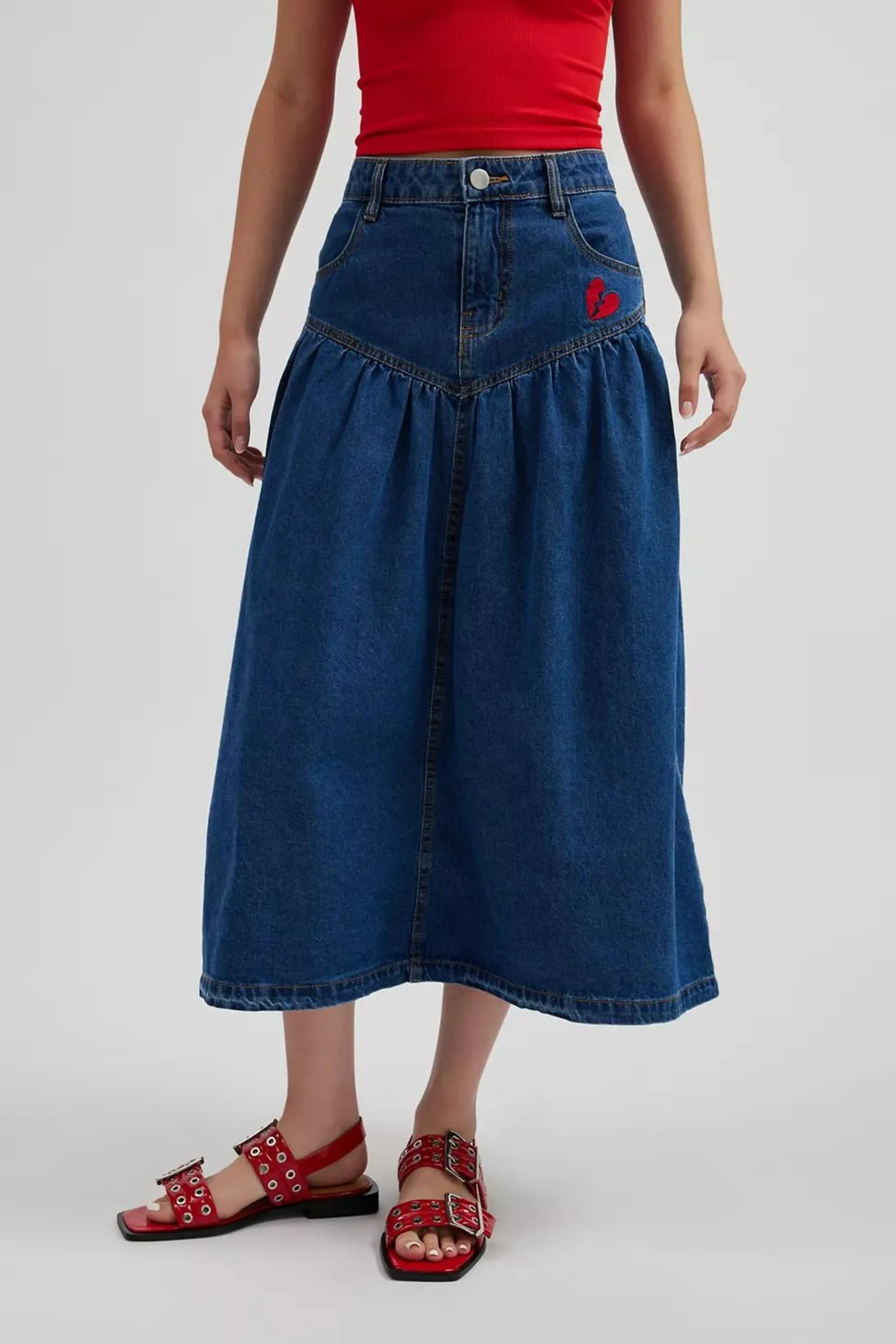 Kimchi Blue Clara Drop Waist Denim Midi Skirt