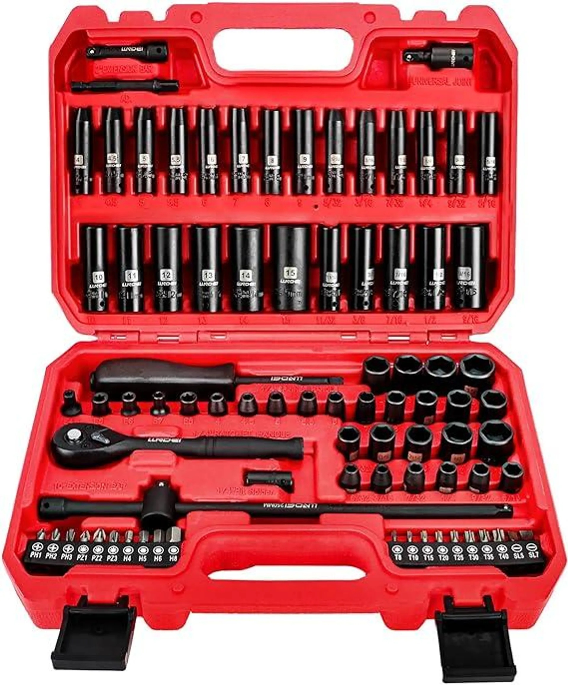 LLNDEI 1/4 inch Drive Impact Socket Set 83 Piece,Standard SAE(5/32-9/16 inch) Metric Size(4-15mm),72T Ratchet Wrench Handle,CR-V Mechanics Tool Set with Adapter,Screwdriver Bits for Automotive Repair